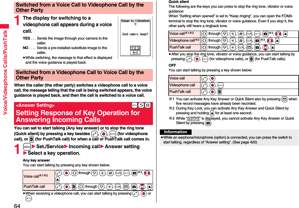 64Voice/Videophone Calls/PushTalk1The display for switching to a videophone call appears during a voice call.YES . . . Sends the image through your camera to the caller.NO . . . . Sends a pre-installed substitute image to the caller.≥While switching, the message to that effect is displayed and the voice guidance is played back.When the caller (the other party) switches a videophone call to a voice call, the message telling that the call is being switched appears, the voice guidance is played back, and then the call is switched to a voice call.You can set to start talking (Any key answer) or to stop the ring tone (Quick silent) by pressing a key besides d, Oo, m (for videophone call), or p (for PushTalk call) for when a call or PushTalk call comes in. 1m1Set./Service1Incoming call1Answer setting1Select a key operation.Any key answerYou can start talking by pressing any key shown below:≥When receiving a videophone call, you can start talking by pressing d, Oo or m.Switched from a Voice Call to Videophone Call by the Other PartySwitched from a Videophone Call to Voice Call by the Other Party+m-5-8&lt;Answer Setting&gt;Setting Response of Key Operation for Answering Incoming CallsVoice call※1※2d, Oo, 0 through 9, a, s, r, m, c※3, No, &lt;PushTalk call d, Oo, p, 0 through 9, a, r, l, c, Bo, &lt;Quick silentThe following are the keys you can press to stop the ring tone, vibrator or voice guidance:When “Setting when opened” is set to “Keep ringing”, you can open the FOMA terminal to stop the ring tone, vibrator or voice guidance. Even if you stop it, the other party still hears a ringback tone. ≥After you stop the ring tone, vibrator or voice guidance, you can start talking by pressing d, Oo, m (for videophone calls), or p (for PushTalk calls).OFFYou can start talking by pressing a key shown below:※1 You can activate Any Key Answer or Quick Silent also by pressing l when five record messages have already been recorded.※2 During Key Lock, you can activate Any Key Answer and Quick Silent by pressing and holding &lt; for at least one second.※3 While “ ” is displayed, you cannot activate Any Key Answer or Quick Silent by pressing c. Voice call※1※20 through 9, a, s, r, m, c※3, No, &lt;Videophone call※20 through 9, a, s, r, c※3, No, &lt;PushTalk call 0 through 9, a, r, l, c, Bo, &lt;Voice call d, OoVideophone call d, Oo, mPushTalk call d, Oo, pInformation≥While an earphone/microphone (option) is connected, you can press the switch to start talking, regardless of “Answer setting”. (See page 420)