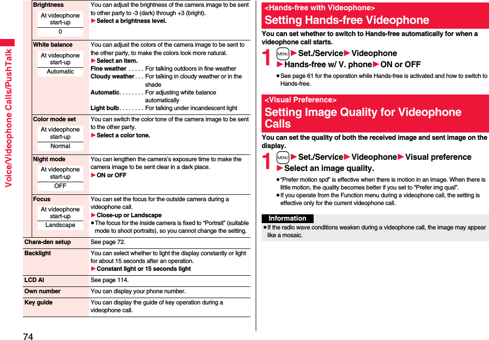 74Voice/Videophone Calls/PushTalkBrightness You can adjust the brightness of the camera image to be sent to other party to -3 (dark) through +3 (bright).1Select a brightness level.White balance You can adjust the colors of the camera image to be sent to the other party, to make the colors look more natural.1Select an item.Fine weather  . . . . . For talking outdoors in fine weatherCloudy weather . . . For talking in cloudy weather or in the shadeAutomatic. . . . . . . . For adjusting white balance automaticallyLight bulb . . . . . . . . For talking under incandescent lightColor mode set You can switch the color tone of the camera image to be sent to the other party.1Select a color tone.Night mode You can lengthen the camera’s exposure time to make the camera image to be sent clear in a dark place.1ON or OFFFocus You can set the focus for the outside camera during a videophone call.1Close-up or Landscape≥The focus for the inside camera is fixed to “Portrait” (suitable mode to shoot portraits), so you cannot change the setting.Chara-den setup See page 72.Backlight You can select whether to light the display constantly or light for about 15 seconds after an operation.1Constant light or 15 seconds lightLCD AI See page 114.Own number You can display your phone number.Key guide You can display the guide of key operation during a videophone call.At videophone start-up0At videophone start-upAutomaticAt videophone start-upNormalAt videophone start-upOFFAt videophone start-upLandscapeYou can set whether to switch to Hands-free automatically for when a videophone call starts.1m1Set./Service1Videophone1Hands-free w/ V. phone1ON or OFF≥See page 61 for the operation while Hands-free is activated and how to switch to Hands-free.You can set the quality of both the received image and sent image on the display.1m1Set./Service1Videophone1Visual preference1Select an image quality.≥“Prefer motion spd” is effective when there is motion in an image. When there is little motion, the quality becomes better if you set to “Prefer img qual”.≥If you operate from the Function menu during a videophone call, the setting is effective only for the current videophone call.&lt;Hands-free with Videophone&gt;Setting Hands-free Videophone&lt;Visual Preference&gt;Setting Image Quality for Videophone CallsInformation≥If the radio wave conditions weaken during a videophone call, the image may appear like a mosaic.