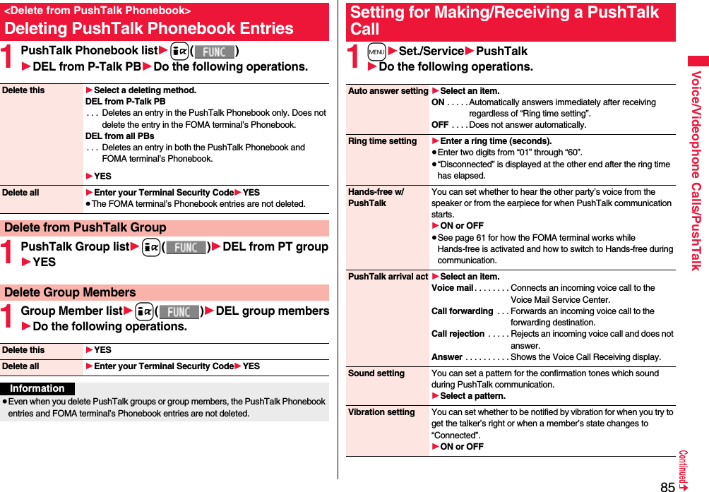 85Voice/Videophone Calls/PushTalk1PushTalk Phonebook list1i()1DEL from P-Talk PB1Do the following operations.1PushTalk Group list1i()1DEL from PT group1YES1Group Member list1i()1DEL group members1Do the following operations.&lt;Delete from PushTalk Phonebook&gt;Deleting PushTalk Phonebook EntriesDelete this 1Select a deleting method.DEL from P-Talk PB. . .  Deletes an entry in the PushTalk Phonebook only. Does not delete the entry in the FOMA terminal’s Phonebook.DEL from all PBs. . .  Deletes an entry in both the PushTalk Phonebook and FOMA terminal’s Phonebook.1YESDelete all 1Enter your Terminal Security Code1YES≥The FOMA terminal’s Phonebook entries are not deleted.Delete from PushTalk GroupDelete Group MembersDelete this 1YESDelete all 1Enter your Terminal Security Code1YESInformation≥Even when you delete PushTalk groups or group members, the PushTalk Phonebook entries and FOMA terminal’s Phonebook entries are not deleted.1m1Set./Service1PushTalk1Do the following operations.Setting for Making/Receiving a PushTalk CallAuto answer setting1Select an item.ON . . . . . Automatically answers immediately after receiving regardless of “Ring time setting”.OFF . . . . Does not answer automatically.Ring time setting 1Enter a ring time (seconds).≥Enter two digits from “01” through “60”.≥“Disconnected” is displayed at the other end after the ring time has elapsed.Hands-free w/ PushTalkYou can set whether to hear the other party’s voice from the speaker or from the earpiece for when PushTalk communication starts.1ON or OFF≥See page 61 for how the FOMA terminal works while Hands-free is activated and how to switch to Hands-free during communication.PushTalk arrival act 1Select an item.Voice mail . . . . . . . . Connects an incoming voice call to the Voice Mail Service Center.Call forwarding  . . . Forwards an incoming voice call to the forwarding destination.Call rejection  . . . . . Rejects an incoming voice call and does not answer.Answer . . . . . . . . . . Shows the Voice Call Receiving display.Sound setting You can set a pattern for the confirmation tones which sound during PushTalk communication.1Select a pattern.Vibration setting You can set whether to be notified by vibration for when you try to get the talker’s right or when a member’s state changes to “Connected”.1ON or OFF