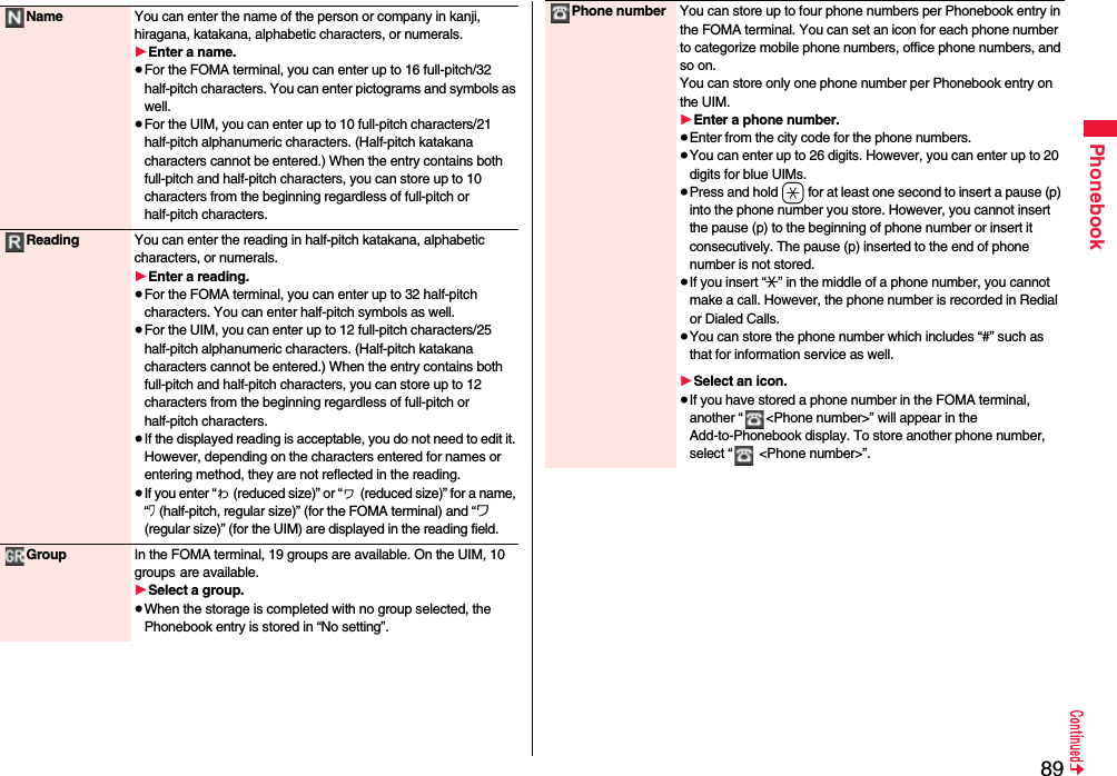 89PhonebookName You can enter the name of the person or company in kanji, hiragana, katakana, alphabetic characters, or numerals.1Enter a name.≥For the FOMA terminal, you can enter up to 16 full-pitch/32 half-pitch characters. You can enter pictograms and symbols as well.≥For the UIM, you can enter up to 10 full-pitch characters/21 half-pitch alphanumeric characters. (Half-pitch katakana characters cannot be entered.) When the entry contains both full-pitch and half-pitch characters, you can store up to 10 characters from the beginning regardless of full-pitch or half-pitch characters.Reading You can enter the reading in half-pitch katakana, alphabetic characters, or numerals.1Enter a reading.≥For the FOMA terminal, you can enter up to 32 half-pitch characters. You can enter half-pitch symbols as well.≥For the UIM, you can enter up to 12 full-pitch characters/25 half-pitch alphanumeric characters. (Half-pitch katakana characters cannot be entered.) When the entry contains both full-pitch and half-pitch characters, you can store up to 12 characters from the beginning regardless of full-pitch or half-pitch characters.≥If the displayed reading is acceptable, you do not need to edit it. However, depending on the characters entered for names or entering method, they are not reflected in the reading.≥If you enter “ゎ (reduced size)” or “ヮ (reduced size)” for a name, “ワ (half-pitch, regular size)” (for the FOMA terminal) and “ワ (regular size)” (for the UIM) are displayed in the reading field.Group In the FOMA terminal, 19 groups are available. On the UIM, 10 groups are available.1Select a group.≥When the storage is completed with no group selected, the Phonebook entry is stored in “No setting”.Phone number You can store up to four phone numbers per Phonebook entry in the FOMA terminal. You can set an icon for each phone number to categorize mobile phone numbers, office phone numbers, and so on. You can store only one phone number per Phonebook entry on the UIM.1Enter a phone number.≥Enter from the city code for the phone numbers.≥You can enter up to 26 digits. However, you can enter up to 20 digits for blue UIMs.≥Press and hold a for at least one second to insert a pause (p) into the phone number you store. However, you cannot insert the pause (p) to the beginning of phone number or insert it consecutively. The pause (p) inserted to the end of phone number is not stored.≥If you insert “:” in the middle of a phone number, you cannot make a call. However, the phone number is recorded in Redial or Dialed Calls.≥You can store the phone number which includes “#” such as that for information service as well.1Select an icon.≥If you have stored a phone number in the FOMA terminal, another “ &lt;Phone number&gt;” will appear in the Add-to-Phonebook display. To store another phone number, select “  &lt;Phone number&gt;”.