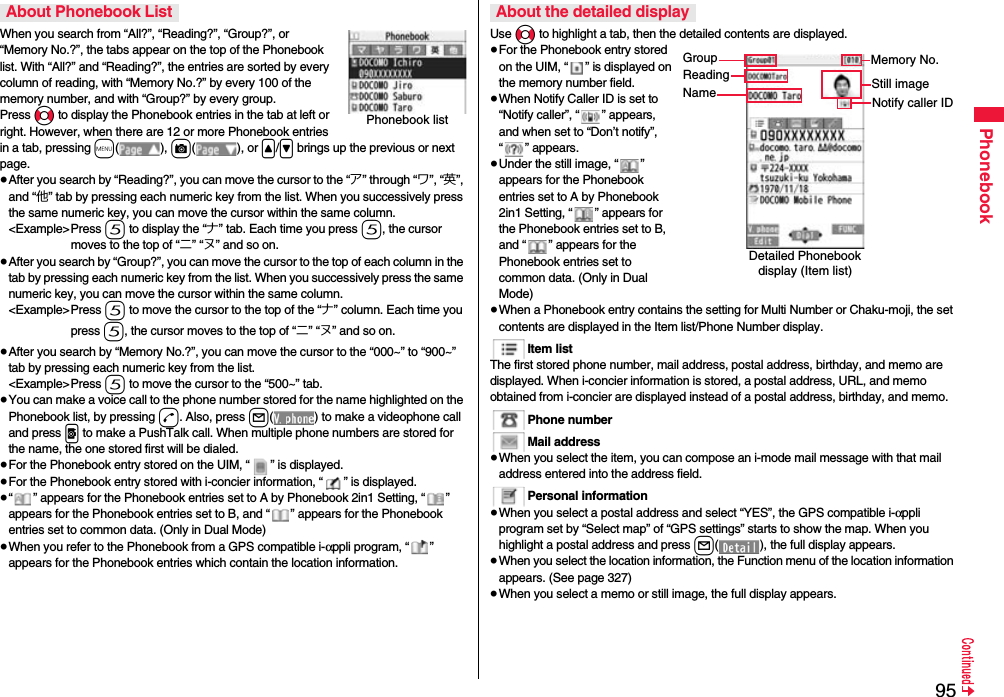 95PhonebookWhen you search from “All?”, “Reading?”, “Group?”, or “Memory No.?”, the tabs appear on the top of the Phonebook list. With “All?” and “Reading?”, the entries are sorted by every column of reading, with “Memory No.?” by every 100 of the memory number, and with “Group?” by every group.Press No to display the Phonebook entries in the tab at left or right. However, when there are 12 or more Phonebook entries in a tab, pressing m(), c(), or &lt;/&gt; brings up the previous or next page.≥After you search by “Reading?”, you can move the cursor to the “ア” through “ワ”, “英”, and “他” tab by pressing each numeric key from the list. When you successively press the same numeric key, you can move the cursor within the same column.&lt;Example&gt;Press 5 to display the “ナ” tab. Each time you press 5, the cursor moves to the top of “ニ” “ヌ” and so on. ≥After you search by “Group?”, you can move the cursor to the top of each column in the tab by pressing each numeric key from the list. When you successively press the same numeric key, you can move the cursor within the same column.&lt;Example&gt;Press 5 to move the cursor to the top of the “ナ” column. Each time you press 5, the cursor moves to the top of “ニ” “ヌ” and so on.≥After you search by “Memory No.?”, you can move the cursor to the “000~” to “900~” tab by pressing each numeric key from the list.&lt;Example&gt;Press 5 to move the cursor to the “500~” tab. ≥You can make a voice call to the phone number stored for the name highlighted on the Phonebook list, by pressing d. Also, press l( ) to make a videophone call and press p to make a PushTalk call. When multiple phone numbers are stored for the name, the one stored first will be dialed.≥For the Phonebook entry stored on the UIM, “ ” is displayed.≥For the Phonebook entry stored with i-concier information, “ ” is displayed.≥“ ” appears for the Phonebook entries set to A by Phonebook 2in1 Setting, “ ” appears for the Phonebook entries set to B, and “ ” appears for the Phonebook entries set to common data. (Only in Dual Mode)≥When you refer to the Phonebook from a GPS compatible i-αppli program, “ ” appears for the Phonebook entries which contain the location information.About Phonebook ListPhonebook listUse No to highlight a tab, then the detailed contents are displayed.≥For the Phonebook entry stored on the UIM, “ ” is displayed on the memory number field.≥When Notify Caller ID is set to “Notify caller”, “ ” appears, and when set to “Don’t notify”, “ ” appears.≥Under the still image, “ ” appears for the Phonebook entries set to A by Phonebook 2in1 Setting, “ ” appears for the Phonebook entries set to B, and “ ” appears for the Phonebook entries set to common data. (Only in Dual Mode)≥When a Phonebook entry contains the setting for Multi Number or Chaku-moji, the set contents are displayed in the Item list/Phone Number display.Item listThe first stored phone number, mail address, postal address, birthday, and memo are displayed. When i-concier information is stored, a postal address, URL, and memo obtained from i-concier are displayed instead of a postal address, birthday, and memo.Phone numberMail address≥When you select the item, you can compose an i-mode mail message with that mail address entered into the address field.Personal information≥When you select a postal address and select “YES”, the GPS compatible i-αppli program set by “Select map” of “GPS settings” starts to show the map. When you highlight a postal address and press l( ), the full display appears.≥When you select the location information, the Function menu of the location information appears. (See page 327)≥When you select a memo or still image, the full display appears.About the detailed displayDetailed Phonebook display (Item list)GroupReadingNameMemory No.Still imageNotify caller ID