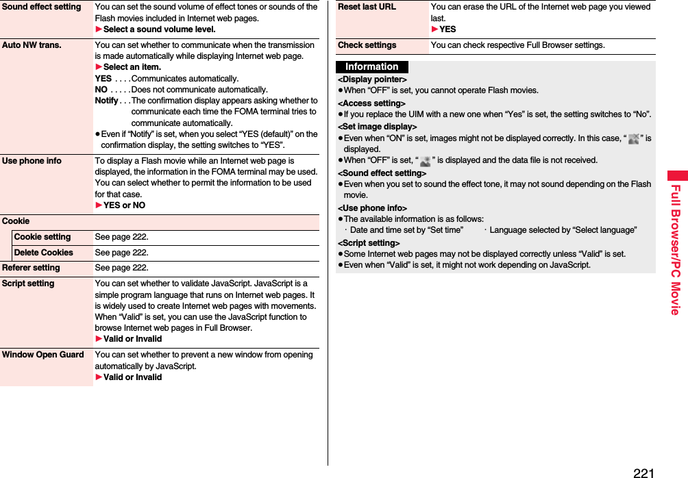 221Full Browser/PC MovieSound effect setting You can set the sound volume of effect tones or sounds of the Flash movies included in Internet web pages.1Select a sound volume level.Auto NW trans. You can set whether to communicate when the transmission is made automatically while displaying Internet web page. 1Select an item.YES  . . . .Communicates automatically.NO  . . . . .Does not communicate automatically.Notify . . .The confirmation display appears asking whether to communicate each time the FOMA terminal tries to communicate automatically.≥Even if “Notify” is set, when you select “YES (default)” on the confirmation display, the setting switches to “YES”.Use phone info To display a Flash movie while an Internet web page is displayed, the information in the FOMA terminal may be used. You can select whether to permit the information to be used for that case.1YES or NOCookieCookie setting See page 222.Delete Cookies See page 222.Referer setting See page 222.Script setting You can set whether to validate JavaScript. JavaScript is a simple program language that runs on Internet web pages. It is widely used to create Internet web pages with movements.When “Valid” is set, you can use the JavaScript function to browse Internet web pages in Full Browser. 1Valid or InvalidWindow Open Guard You can set whether to prevent a new window from opening automatically by JavaScript.1Valid or InvalidReset last URL You can erase the URL of the Internet web page you viewed last.1YESCheck settings You can check respective Full Browser settings.Information&lt;Display pointer&gt;≥When “OFF” is set, you cannot operate Flash movies.&lt;Access setting&gt;≥If you replace the UIM with a new one when “Yes” is set, the setting switches to “No”.&lt;Set image display&gt;≥Even when “ON” is set, images might not be displayed correctly. In this case, “ ” is displayed.≥When “OFF” is set, “ ” is displayed and the data file is not received.&lt;Sound effect setting&gt;≥Even when you set to sound the effect tone, it may not sound depending on the Flash movie.&lt;Use phone info&gt;≥The available information is as follows:・Date and time set by “Set time” ・Language selected by “Select language”&lt;Script setting&gt;≥Some Internet web pages may not be displayed correctly unless “Valid” is set.≥Even when “Valid” is set, it might not work depending on JavaScript.