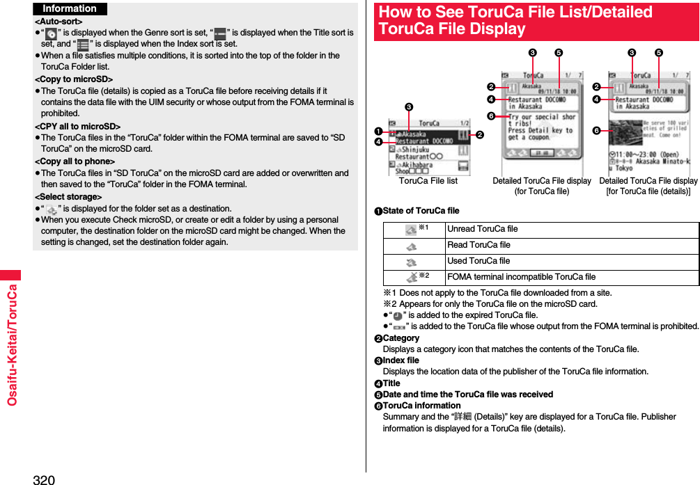 320Osaifu-Keitai/ToruCaInformation&lt;Auto-sort&gt;≥“ ” is displayed when the Genre sort is set, “ ” is displayed when the Title sort is set, and “ ” is displayed when the Index sort is set.≥When a file satisfies multiple conditions, it is sorted into the top of the folder in the ToruCa Folder list.&lt;Copy to microSD&gt;≥The ToruCa file (details) is copied as a ToruCa file before receiving details if it contains the data file with the UIM security or whose output from the FOMA terminal is prohibited.&lt;CPY all to microSD&gt;≥The ToruCa files in the “ToruCa” folder within the FOMA terminal are saved to “SD ToruCa” on the microSD card.&lt;Copy all to phone&gt;≥The ToruCa files in “SD ToruCa” on the microSD card are added or overwritten and then saved to the “ToruCa” folder in the FOMA terminal.&lt;Select storage&gt;≥“ ” is displayed for the folder set as a destination.≥When you execute Check microSD, or create or edit a folder by using a personal computer, the destination folder on the microSD card might be changed. When the setting is changed, set the destination folder again.1State of ToruCa file※1 Does not apply to the ToruCa file downloaded from a site.※2 Appears for only the ToruCa file on the microSD card.≥“ ” is added to the expired ToruCa file.≥“ ” is added to the ToruCa file whose output from the FOMA terminal is prohibited.2CategoryDisplays a category icon that matches the contents of the ToruCa file.3Index fileDisplays the location data of the publisher of the ToruCa file information.4Title5Date and time the ToruCa file was received6ToruCa informationSummary and the “詳細 (Details)” key are displayed for a ToruCa file. Publisher information is displayed for a ToruCa file (details).How to See ToruCa File List/Detailed ToruCa File Display124246335ToruCa File listDetailed ToruCa File display(for ToruCa file)Detailed ToruCa File display[for ToruCa file (details)]6243 5※1Unread ToruCa fileRead ToruCa fileUsed ToruCa file※2FOMA terminal incompatible ToruCa file