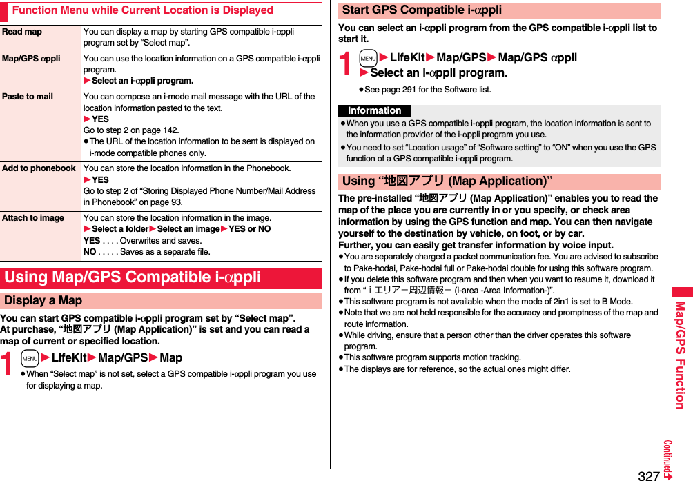 327Map/GPS FunctionYou can start GPS compatible i-αppli program set by “Select map”.At purchase, “地図アプリ (Map Application)” is set and you can read a map of current or specified location.1m1LifeKit1Map/GPS1Map≥When “Select map” is not set, select a GPS compatible i-αppli program you use for displaying a map.Function Menu while Current Location is DisplayedRead map You can display a map by starting GPS compatible i-αppli program set by “Select map”.Map/GPS αppli You can use the location information on a GPS compatible i-αppli program.1Select an i-αppli program.Paste to mail You can compose an i-mode mail message with the URL of the location information pasted to the text.1YESGo to step 2 on page 142.≥The URL of the location information to be sent is displayed on i-mode compatible phones only.Add to phonebook You can store the location information in the Phonebook.1YESGo to step 2 of “Storing Displayed Phone Number/Mail Address in Phonebook” on page 93.Attach to image You can store the location information in the image.1Select a folder1Select an image1YES or NOYES . . . . Overwrites and saves.NO . . . . . Saves as a separate file.Using Map/GPS Compatible i-αppliDisplay a MapYou can select an i-αppli program from the GPS compatible i-αppli list to start it.1m1LifeKit1Map/GPS1Map/GPS αppli1Select an i-αppli program.≥See page 291 for the Software list.The pre-installed “地図アプリ (Map Application)” enables you to read the map of the place you are currently in or you specify, or check area information by using the GPS function and map. You can then navigate yourself to the destination by vehicle, on foot, or by car. Further, you can easily get transfer information by voice input. ≥You are separately charged a packet communication fee. You are advised to subscribe to Pake-hodai, Pake-hodai full or Pake-hodai double for using this software program. ≥If you delete this software program and then when you want to resume it, download it from “ｉエリア−周辺情報− (i-area -Area Information-)”.≥This software program is not available when the mode of 2in1 is set to B Mode.≥Note that we are not held responsible for the accuracy and promptness of the map and route information.≥While driving, ensure that a person other than the driver operates this software program.≥This software program supports motion tracking.≥The displays are for reference, so the actual ones might differ. Start GPS Compatible i-αppliInformation≥When you use a GPS compatible i-αppli program, the location information is sent to the information provider of the i-αppli program you use.≥You need to set “Location usage” of “Software setting” to “ON” when you use the GPS function of a GPS compatible i-αppli program.Using “地図アプリ (Map Application)”