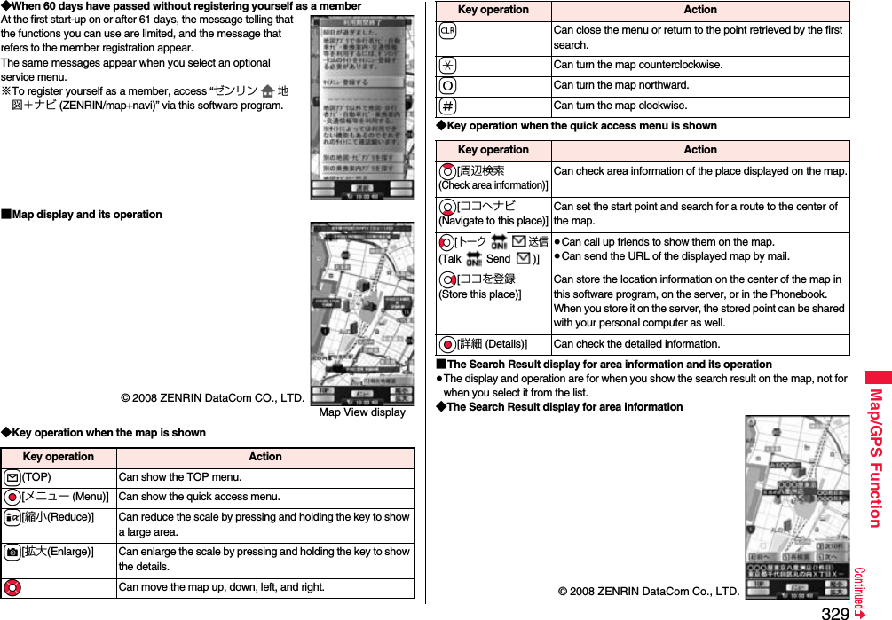 329Map/GPS Function◆When 60 days have passed without registering yourself as a memberAt the first start-up on or after 61 days, the message telling that the functions you can use are limited, and the message that refers to the member registration appear.The same messages appear when you select an optional service menu.※To register yourself as a member, access “ゼンリン 地図＋ナビ (ZENRIN/map+navi)” via this software program.■Map display and its operation◆Key operation when the map is shown© 2008 ZENRIN DataCom CO., LTD.Map View displayKey operation Actionl(TOP) Can show the TOP menu.Oo[メニュー (Menu)] Can show the quick access menu.i[縮小(Reduce)] Can reduce the scale by pressing and holding the key to show a large area.c[拡大(Enlarge)] Can enlarge the scale by pressing and holding the key to show the details.MoCan move the map up, down, left, and right.◆Key operation when the quick access menu is shown■The Search Result display for area information and its operation≥The display and operation are for when you show the search result on the map, not for when you select it from the list.◆The Search Result display for area informationrCan close the menu or return to the point retrieved by the first search.aCan turn the map counterclockwise.0Can turn the map northward.sCan turn the map clockwise.Key operation ActionKey operation ActionZo[周辺検索(Check area information)]Can check area information of the place displayed on the map.Xo[ココへナビ(Navigate to this place)]Can set the start point and search for a route to the center of the map.Co[トーク 送信(Talk  Send )]≥Can call up friends to show them on the map.≥Can send the URL of the displayed map by mail.Vo[ココを登録(Store this place)]Can store the location information on the center of the map in this software program, on the server, or in the Phonebook. When you store it on the server, the stored point can be shared with your personal computer as well.Oo[詳細 (Details)] Can check the detailed information.© 2008 ZENRIN DataCom Co., LTD.