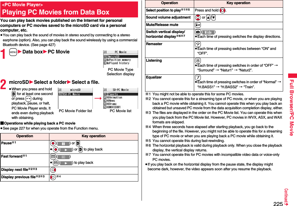 225Full Browser/PC MovieYou can play back movies published on the Internet for personal computers or PC movies saved to the microSD card via a personal computer, etc.≥You can play back the sound of movies in stereo sound by connecting to a stereo earphone (option). Also, you can play back the sound wirelessly by using a commercial Bluetooth device. (See page 427)1m1Data box1PC Movie2microSD1Select a folder1Select a file.≥When you press and hold p for at least one second or press h during playback, pause, or halt, PC Movie Player ends. It ends even during playback with obtaining.■Operations while playing back a PC movie≥See page 227 for when you operate from the Function menu.&lt;PC Movie Player&gt;Playing PC Movies from Data BoxPC Movie Type Selection displayPC Movie Folder list PC Movie listOperation Key operationPause※1Oo() or p≥Oo() or p to play backFast forward※1l()≥l( ) to play backDisplay next file※2※3VoDisplay previous file※2※3Co※4※1 You might not be able to operate this for some PC movies.※2 You cannot operate this for a streaming type of PC movie, or when you are playing back a PC movie while obtaining it. You cannot operate this when you play back an obtained but unsaved PC movie from the data acquisition completion display, either.※3 The files are displayed in the order on the PC Movie list. You can operate this when you play back from the PC Movie list. However, PC movies in WVX, ASX, and WAX formats are skipped.※4 When three seconds have elapsed after starting playback, you go back to the beginning of the file. However, you might not be able to operate this for a streaming type of PC movie or when you are playing back a PC movie while obtaining it.※5 You cannot operate this during fast-rewinding.※6 The horizontal playback is valid during playback only. When you close the playback display, the vertical display returns.※7 You cannot operate this for PC movies with incompatible video data or voice-only PC movies.≥If you play back on the horizontal display from the pause state, the display might become dark, however, the video appears soon after you resume the playback.Select position to play※1※5Press and hold No.Sound volume adjustment Bo or &lt;/&gt;Mute/Release mute iSwitch vertical display/horizontal display※6※7c()≥Each time of pressing switches the display directions.Remaster 9≥Each time of pressing switches between “ON” and “OFF”.Listening 8≥Each time of pressing switches in order of “OFF” → “Surround” → “Natur1” → “Natur2”.Equalizer 7≥Each time of pressing switches in order of “Normal” → “H.BASS1” → “H.BASS2” → “Train”.Operation Key operation