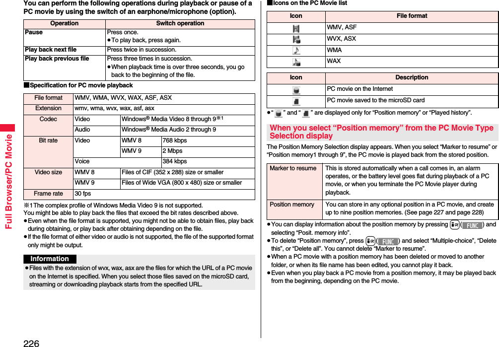226Full Browser/PC MovieYou can perform the following operations during playback or pause of a PC movie by using the switch of an earphone/microphone (option).■Specification for PC movie playback※1The complex profile of Windows Media Video 9 is not supported.You might be able to play back the files that exceed the bit rates described above.≥Even when the file format is supported, you might not be able to obtain files, play back during obtaining, or play back after obtaining depending on the file.≥If the file format of either video or audio is not supported, the file of the supported format only might be output.Operation Switch operationPause Press once.≥To play back, press again.Play back next file Press twice in succession.Play back previous file Press three times in succession.≥When playback time is over three seconds, you go back to the beginning of the file.File format WMV, WMA, WVX, WAX, ASF, ASXExtension wmv, wma, wvx, wax, asf, asxCodec Video Windows® Media Video 8 through 9※1Audio Windows® Media Audio 2 through 9Bit rate Video WMV 8 768 kbpsWMV 9 2 MbpsVoice 384 kbpsVideo size WMV 8 Files of CIF (352 x 288) size or smallerWMV 9 Files of Wide VGA (800 x 480) size or smallerFrame rate 30 fpsInformation≥Files with the extension of wvx, wax, asx are the files for which the URL of a PC movie on the Internet is specified. When you select those files saved on the microSD card, streaming or downloading playback starts from the specified URL.■Icons on the PC Movie list≥“ ” and “ ” are displayed only for “Position memory” or “Played history”.The Position Memory Selection display appears. When you select “Marker to resume” or “Position memory1 through 9”, the PC movie is played back from the stored position.≥You can display information about the position memory by pressing i( ) and selecting “Posit. memory info”.≥To delete “Position memory”, press i( ) and select “Multiple-choice”, “Delete this”, or “Delete all”. You cannot delete “Marker to resume”.≥When a PC movie with a position memory has been deleted or moved to another folder, or when its file name has been edited, you cannot play it back.≥Even when you play back a PC movie from a position memory, it may be played back from the beginning, depending on the PC movie.Icon File formatWMV, ASFWVX, ASXWMAWAXIcon DescriptionPC movie on the InternetPC movie saved to the microSD cardWhen you select “Position memory” from the PC Movie Type Selection displayMarker to resume This is stored automatically when a call comes in, an alarm operates, or the battery level goes flat during playback of a PC movie, or when you terminate the PC Movie player during playback.Position memory You can store in any optional position in a PC movie, and create up to nine position memories. (See page 227 and page 228)