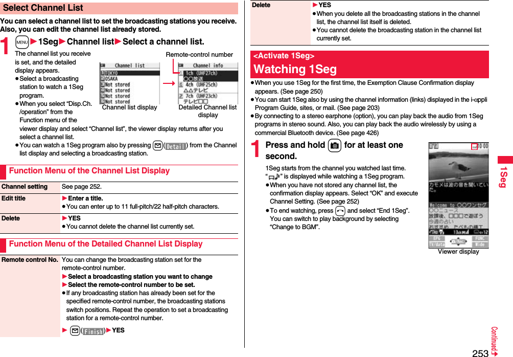 2531SegYou can select a channel list to set the broadcasting stations you receive. Also, you can edit the channel list already stored.1m11Seg1Channel list1Select a channel list.The channel list you receive is set, and the detailed display appears.≥Select a broadcasting station to watch a 1Seg program.≥When you select “Disp.Ch. /operation” from the Function menu of the viewer display and select “Channel list”, the viewer display returns after you select a channel list.≥You can watch a 1Seg program also by pressing l( ) from the Channel list display and selecting a broadcasting station.Select Channel ListChannel list display Detailed Channel list displayRemote-control numberFunction Menu of the Channel List DisplayChannel setting See page 252.Edit title 1Enter a title.≥You can enter up to 11 full-pitch/22 half-pitch characters.Delete 1YES≥You cannot delete the channel list currently set.Function Menu of the Detailed Channel List DisplayRemote control No. You can change the broadcasting station set for the remote-control number.1Select a broadcasting station you want to change1Select the remote-control number to be set.≥If any broadcasting station has already been set for the specified remote-control number, the broadcasting stations switch positions. Repeat the operation to set a broadcasting station for a remote-control number.1 l()1YES≥When you use 1Seg for the first time, the Exemption Clause Confirmation display appears. (See page 250)≥You can start 1Seg also by using the channel information (links) displayed in the i-αppli Program Guide, sites, or mail. (See page 203)≥By connecting to a stereo earphone (option), you can play back the audio from 1Seg programs in stereo sound. Also, you can play back the audio wirelessly by using a commercial Bluetooth device. (See page 426)1Press and hold c for at least one second.1Seg starts from the channel you watched last time. “ ” is displayed while watching a 1Seg program.≥When you have not stored any channel list, the confirmation display appears. Select “OK” and execute Channel Setting. (See page 252)≥To end watching, press h and select “End 1Seg”. You can switch to play background by selecting “Change to BGM”.Delete 1YES≥When you delete all the broadcasting stations in the channel list, the channel list itself is deleted. ≥You cannot delete the broadcasting station in the channel list currently set.&lt;Activate 1Seg&gt;Watching 1SegViewer display