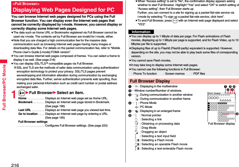 216Full Browser/PC Movie You can browse Internet web pages designed for PCs using the Full Browser function. You can display even the Internet web pages that cannot be correctly displayed by i-mode. However, you cannot display or correctly display some Internet web pages.≥The data such as Home URL or Bookmarks registered via Full Browser cannot be used via i-mode. The contents set by Full Browser are invalid for i-mode, either.≥Note that you are charged a high communication fee for the massive data communication such as browsing Internet web pages having many images or downloading data files. For details on the packet communication fee, refer to “Mobile Phone User’s Guide [i-mode] FOMA version”.≥You can browse Internet web pages composed of frames. You can select a frame to display it as well. (See page 218)≥You can display SSL/TLS※-compatible pages via Full Browser.※SSL and TLS are the methods of safer data communication using authentication/encryption technology to protect your privacy. SSL/TLS pages prevent eavesdropping and information alteration during communication by exchanging encrypted data files. Further, server authentication prevents web spoofing, thus making your personal information such as credit card number or postal address exchanged safer.1i1Full Browser1Select an item.Home  . . . . . . . . . . . Displays an Internet web page set as Home URL.Bookmark  . . . . . . . Displays an Internet web page stored in Bookmark. (See page 196)Last URL  . . . . . . . . Displays an Internet web page you viewed last time.Go to location . . . .  Displays an Internet web page by entering a URL. (See page 195)Full Browser settings. . . . . . . . . . . . . . . . . Configures Full Browser settings. (See page 220)&lt;Full Browser&gt;Displaying Web Pages Designed for PC≥When “Access setting” is set to “No”, the confirmation display appears asking whether to start Full Browser. Highlight “Yes” and select “OK” to switch setting of “Access setting”, then Full Browser starts up.Further, you can connect to a site for signing up a packet flat-rate service via i-mode by selecting “To sign up a packet flat-rate service, click here”. ≥To end Full Browser, press h with an Internet web page displayed and select “YES”.1…: Displaying in the multiwindow2…Window number/Number of windows3…: During communication in another window: During communication in another frame4…: Phone Mode: PC Mode5…: Displaying in an enlarged frame6…: Normal pointer: Selecting a link: Obtaining or processing data: Drag Mode: Dragging an object: Selecting a text input field: Selecting a Flash movie: Selecting an operable Flash movie: Selecting a text-enterable Flash movieInformation≥You can display up to 1 Mbyte of data per page. For Flash animations of Flash movies, displaying up to 1 Mbyte per page is supported, and for Flash Video, up to 10 Mbytes per file is supported.≥Displaying files of up to Flash8 (Flash9 partly) equivalent is supported. However, depending on the site, you may not be able to play back some files of corresponding version.≥You cannot save Flash movies.≥It may take long to display some Internet web pages.≥You cannot use the following functions in Full Browser:・Phone To function ・Screen memos ・PDF filesFull Browser Display13425Full Browser display6