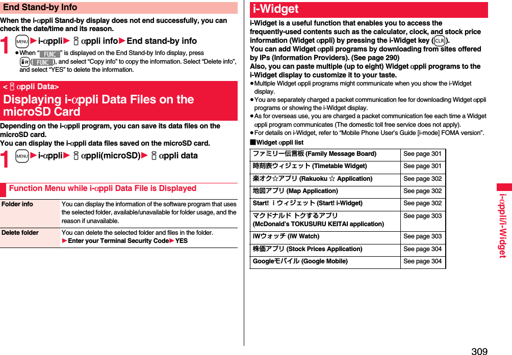 309i-αppli/i-WidgetWhen the i-αppli Stand-by display does not end successfully, you can check the date/time and its reason.1m1i-αppli1iαppli info1End stand-by info≥When “ ” is displayed on the End Stand-by Info display, press i( ), and select “Copy info” to copy the information. Select “Delete info”, and select “YES” to delete the information.Depending on the i-αppli program, you can save its data files on the microSD card. You can display the i-αppli data files saved on the microSD card.1m1i-αppli1iαppli(microSD)1iαppli dataEnd Stand-by Info&lt;iαppli Data&gt;Displaying i-αppli Data Files on the microSD CardFunction Menu while i-αppli Data File is DisplayedFolder info You can display the information of the software program that uses the selected folder, available/unavailable for folder usage, and the reason if unavailable.Delete folder You can delete the selected folder and files in the folder.1Enter your Terminal Security Code1YESi-Widget is a useful function that enables you to access the frequently-used contents such as the calculator, clock, and stock price information (Widget αppli) by pressing the i-Widget key (r).You can add Widget αppli programs by downloading from sites offered by IPs (Information Providers). (See page 290)Also, you can paste multiple (up to eight) Widget αppli programs to the i-Widget display to customize it to your taste.≥Multiple Widget αppli programs might communicate when you show the i-Widget display.≥You are separately charged a packet communication fee for downloading Widget αppli programs or showing the i-Widget display.≥As for overseas use, you are charged a packet communication fee each time a Widget αppli program communicates (The domestic toll free service does not apply).≥For details on i-Widget, refer to “Mobile Phone User’s Guide [i-mode] FOMA version”.■Widget αppli listi-Widgetファミリー伝言板 (Family Message Board) See page 301時刻表ウィジェット (Timetable Widget) See page 301楽オク☆アプリ (Rakuoku ☆ Application) See page 302地図アプリ (Map Application) See page 302Start! ｉウィジェット (Start! i-Widget) See page 302マクドナルド トクするアプリ (McDonald’s TOKUSURU KEITAI application)See page 303iWウォッチ (iW Watch) See page 303株価アプリ (Stock Prices Application) See page 304Googleモバイル (Google Mobile) See page 304