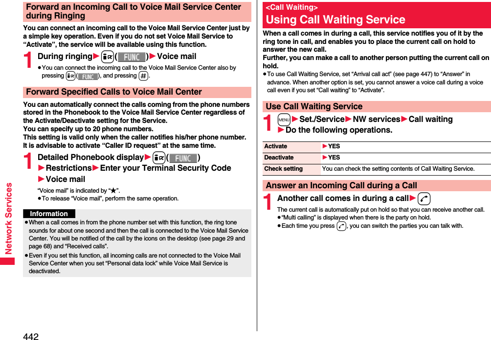 442Network ServicesYou can connect an incoming call to the Voice Mail Service Center just by a simple key operation. Even if you do not set Voice Mail Service to “Activate”, the service will be available using this function.1During ringing1i()1Voice mail≥You can connect the incoming call to the Voice Mail Service Center also by pressing i( ), and pressing s.You can automatically connect the calls coming from the phone numbers stored in the Phonebook to the Voice Mail Service Center regardless of the Activate/Deactivate setting for the Service.You can specify up to 20 phone numbers.This setting is valid only when the caller notifies his/her phone number. It is advisable to activate “Caller ID request” at the same time.1Detailed Phonebook display1i()1Restrictions1Enter your Terminal Security Code1Voice mail“Voice mail” is indicated by “★”.≥To release “Voice mail”, perform the same operation.Forward an Incoming Call to Voice Mail Service Center during RingingForward Specified Calls to Voice Mail CenterInformation≥When a call comes in from the phone number set with this function, the ring tone sounds for about one second and then the call is connected to the Voice Mail Service Center. You will be notified of the call by the icons on the desktop (see page 29 and page 68) and “Received calls”.≥Even if you set this function, all incoming calls are not connected to the Voice Mail Service Center when you set “Personal data lock” while Voice Mail Service is deactivated.When a call comes in during a call, this service notifies you of it by the ring tone in call, and enables you to place the current call on hold to answer the new call.Further, you can make a call to another person putting the current call on hold.≥To use Call Waiting Service, set “Arrival call act” (see page 447) to “Answer” in advance. When another option is set, you cannot answer a voice call during a voice call even if you set “Call waiting” to “Activate”.1m1Set./Service1NW services1Call waiting1Do the following operations.1Another call comes in during a call1dThe current call is automatically put on hold so that you can receive another call.≥“Multi calling” is displayed when there is the party on hold.≥Each time you press d, you can switch the parties you can talk with.&lt;Call Waiting&gt;Using Call Waiting ServiceUse Call Waiting ServiceActivate 1YESDeactivate 1YESCheck setting You can check the setting contents of Call Waiting Service.Answer an Incoming Call during a Call