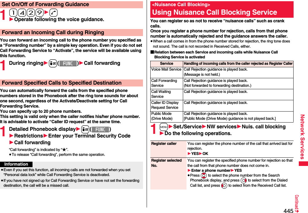 445Network Services114291d1Operate following the voice guidance.You can forward an incoming call to the phone number you specified as a “Forwarding number” by a simple key operation. Even if you do not set Call Forwarding Service to “Activate”, the service will be available using this function.1During ringing1i()1Call forwardingYou can automatically forward the calls from the specified phone numbers stored in the Phonebook after the ring tone sounds for about one second, regardless of the Activate/Deactivate setting for Call Forwarding Service.You can specify up to 20 phone numbers.This setting is valid only when the caller notifies his/her phone number. It is advisable to activate “Caller ID request” at the same time.1Detailed Phonebook display1i()1Restrictions1Enter your Terminal Security Code1Call forwarding“Call forwarding” is indicated by “★”.≥To release “Call forwarding”, perform the same operation.Set On/Off of Forwarding GuidanceForward an Incoming Call during RingingForward Specified Calls to Specified DestinationInformation≥Even if you set this function, all incoming calls are not forwarded when you set “Personal data lock” while Call Forwarding Service is deactivated.≥If you have not signed up for Call Forwarding Service or have not set the forwarding destination, the call will be a missed call.You can register so as not to receive “nuisance calls” such as crank calls. Once you register a phone number for rejection, calls from that phone number is automatically rejected and the guidance answers the caller.≥When a call comes in from the phone number stored for rejection, the ring tone does not sound. The call is not recorded in Received Calls, either.■Relation between each Service and incoming calls while Nuisance Call Blocking Service is activated1m1Set./Service1NW services1Nuis. call blocking1Do the following operations.&lt;Nuisance Call Blocking&gt;Using Nuisance Call Blocking ServiceServiceHandling of incoming calls from the caller rejected as Register CallerVoice Mail Service Call Rejection guidance is played back. (Message is not held.)Call Forwarding ServiceCall Rejection guidance is played back. (Not forwarded to forwarding destination.)Call Waiting ServiceCall Rejection guidance is played back.Caller ID Display Request ServiceCall Rejection guidance is played back.Public Mode (Drive Mode)Call Rejection guidance is played back. [Public Mode (Drive Mode) guidance is not played back.]Register caller You can register the phone number of the call that arrived last for rejection.1YES1OKRegister selected No.You can register the specified phone number for rejection so that the call from that phone number does not come in.1Enter a phone number1YES≥Press Bo to select the phone number from the Search Phonebook display, and press Vo to select from the Dialed Call list, and press Co to select from the Received Call list. 