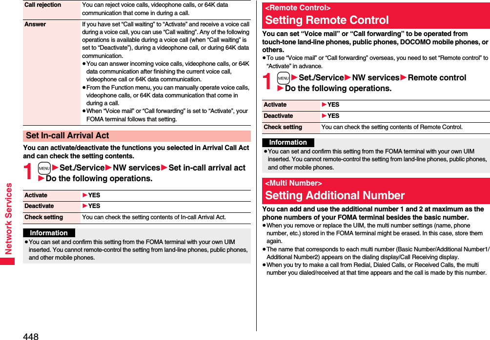 448Network ServicesYou can activate/deactivate the functions you selected in Arrival Call Act and can check the setting contents.1m1Set./Service1NW services1Set in-call arrival act1Do the following operations.Call rejection You can reject voice calls, videophone calls, or 64K data communication that come in during a call.Answer If you have set “Call waiting” to “Activate” and receive a voice call during a voice call, you can use “Call waiting”. Any of the following operations is available during a voice call (when “Call waiting” is set to “Deactivate”), during a videophone call, or during 64K data communication.≥You can answer incoming voice calls, videophone calls, or 64K data communication after finishing the current voice call, videophone call or 64K data communication.≥From the Function menu, you can manually operate voice calls, videophone calls, or 64K data communication that come in during a call.≥When “Voice mail” or “Call forwarding” is set to “Activate”, your FOMA terminal follows that setting.Set In-call Arrival ActActivate 1YESDeactivate 1YESCheck setting You can check the setting contents of In-call Arrival Act.Information≥You can set and confirm this setting from the FOMA terminal with your own UIM inserted. You cannot remote-control the setting from land-line phones, public phones, and other mobile phones.You can set “Voice mail” or “Call forwarding” to be operated from touch-tone land-line phones, public phones, DOCOMO mobile phones, or others.≥To use “Voice mail” or “Call forwarding” overseas, you need to set “Remote control” to “Activate” in advance.1m1Set./Service1NW services1Remote control1Do the following operations.You can add and use the additional number 1 and 2 at maximum as the phone numbers of your FOMA terminal besides the basic number.≥When you remove or replace the UIM, the multi number settings (name, phone number, etc.) stored in the FOMA terminal might be erased. In this case, store them again.≥The name that corresponds to each multi number (Basic Number/Additional Number1/Additional Number2) appears on the dialing display/Call Receiving display.≥When you try to make a call from Redial, Dialed Calls, or Received Calls, the multi number you dialed/received at that time appears and the call is made by this number.&lt;Remote Control&gt;Setting Remote ControlActivate 1YESDeactivate 1YESCheck setting You can check the setting contents of Remote Control.Information≥You can set and confirm this setting from the FOMA terminal with your own UIM inserted. You cannot remote-control the setting from land-line phones, public phones, and other mobile phones.&lt;Multi Number&gt;Setting Additional Number