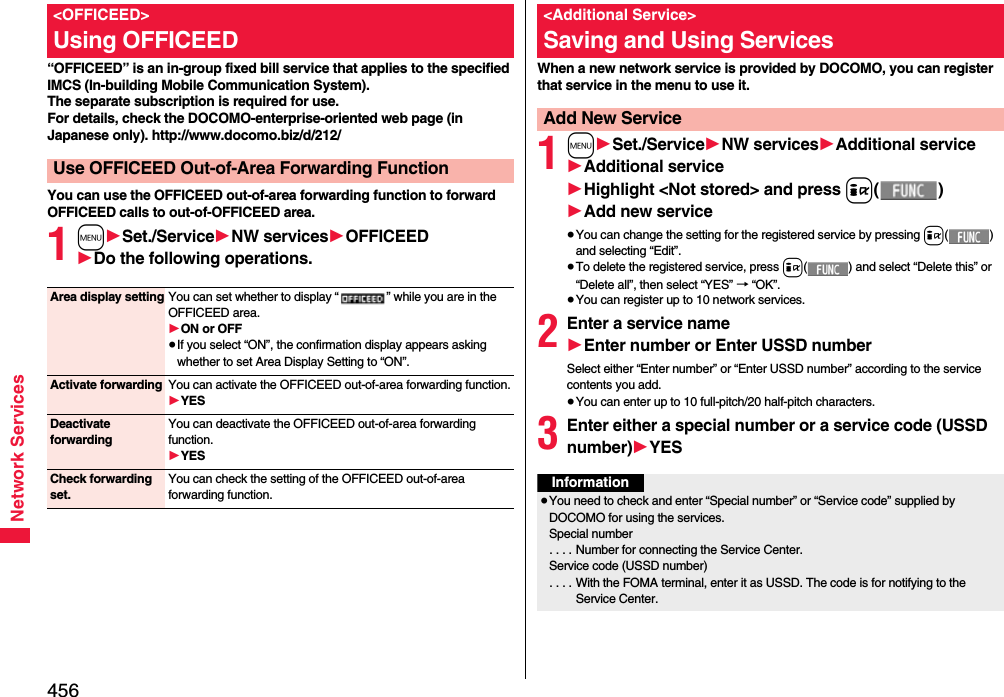 456Network Services“OFFICEED” is an in-group fixed bill service that applies to the specified IMCS (In-building Mobile Communication System). The separate subscription is required for use. For details, check the DOCOMO-enterprise-oriented web page (in Japanese only). http://www.docomo.biz/d/212/You can use the OFFICEED out-of-area forwarding function to forward OFFICEED calls to out-of-OFFICEED area.1m1Set./Service1NW services1OFFICEED1Do the following operations.&lt;OFFICEED&gt;Using OFFICEEDUse OFFICEED Out-of-Area Forwarding FunctionArea display setting You can set whether to display “ ” while you are in the OFFICEED area.1ON or OFF≥If you select “ON”, the confirmation display appears asking whether to set Area Display Setting to “ON”.Activate forwarding You can activate the OFFICEED out-of-area forwarding function.1YESDeactivate forwardingYou can deactivate the OFFICEED out-of-area forwarding function.1YESCheck forwarding set.You can check the setting of the OFFICEED out-of-area forwarding function.When a new network service is provided by DOCOMO, you can register that service in the menu to use it.1m1Set./Service1NW services1Additional service1Additional service1Highlight &lt;Not stored&gt; and press i()1Add new service≥You can change the setting for the registered service by pressing i() and selecting “Edit”.≥To delete the registered service, press i( ) and select “Delete this” or “Delete all”, then select “YES” → “OK”.≥You can register up to 10 network services.2Enter a service name1Enter number or Enter USSD numberSelect either “Enter number” or “Enter USSD number” according to the service contents you add.≥You can enter up to 10 full-pitch/20 half-pitch characters.3Enter either a special number or a service code (USSD number)1YES&lt;Additional Service&gt;Saving and Using ServicesAdd New ServiceInformation≥You need to check and enter “Special number” or “Service code” supplied by DOCOMO for using the services.Special number. . . . Number for connecting the Service Center.Service code (USSD number). . . . With the FOMA terminal, enter it as USSD. The code is for notifying to the Service Center.