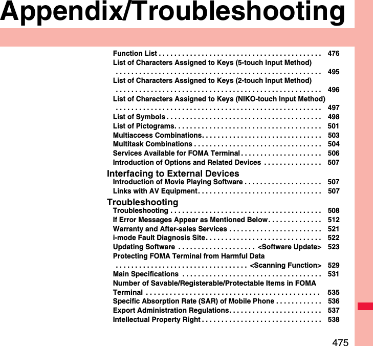 475Appendix/TroubleshootingFunction List . . . . . . . . . . . . . . . . . . . . . . . . . . . . . . . . . . . . . . . . . . 476List of Characters Assigned to Keys (5-touch Input Method) . . . . . . . . . . . . . . . . . . . . . . . . . . . . . . . . . . . . . . . . . . . . . . . . . . . . . 495List of Characters Assigned to Keys (2-touch Input Method) . . . . . . . . . . . . . . . . . . . . . . . . . . . . . . . . . . . . . . . . . . . . . . . . . . . . . 496List of Characters Assigned to Keys (NIKO-touch Input Method) . . . . . . . . . . . . . . . . . . . . . . . . . . . . . . . . . . . . . . . . . . . . . . . . . . . . . 497List of Symbols . . . . . . . . . . . . . . . . . . . . . . . . . . . . . . . . . . . . . . . . 498List of Pictograms. . . . . . . . . . . . . . . . . . . . . . . . . . . . . . . . . . . . . . 501Multiaccess Combinations. . . . . . . . . . . . . . . . . . . . . . . . . . . . . . . 503Multitask Combinations . . . . . . . . . . . . . . . . . . . . . . . . . . . . . . . . . 504Services Available for FOMA Terminal . . . . . . . . . . . . . . . . . . . . . 506Introduction of Options and Related Devices  . . . . . . . . . . . . . . . 507Interfacing to External DevicesIntroduction of Movie Playing Software . . . . . . . . . . . . . . . . . . . . 507Links with AV Equipment. . . . . . . . . . . . . . . . . . . . . . . . . . . . . . . . 507TroubleshootingTroubleshooting . . . . . . . . . . . . . . . . . . . . . . . . . . . . . . . . . . . . . . . 508If Error Messages Appear as Mentioned Below. . . . . . . . . . . . . . 512Warranty and After-sales Services . . . . . . . . . . . . . . . . . . . . . . . . 521i-mode Fault Diagnosis Site. . . . . . . . . . . . . . . . . . . . . . . . . . . . . . 522Updating Software  . . . . . . . . . . . . . . . . . . . .  &lt;Software Update&gt; 523Protecting FOMA Terminal from Harmful Data . . . . . . . . . . . . . . . . . . . . . . . . . . . . . . . . . .  &lt;Scanning Function&gt; 529Main Specifications  . . . . . . . . . . . . . . . . . . . . . . . . . . . . . . . . . . . . 531Number of Savable/Registerable/Protectable Items in FOMA Terminal  . . . . . . . . . . . . . . . . . . . . . . . . . . . . . . . . . . . . . . . . . . . .  535Specific Absorption Rate (SAR) of Mobile Phone . . . . . . . . . . . . 536Export Administration Regulations. . . . . . . . . . . . . . . . . . . . . . . . 537Intellectual Property Right . . . . . . . . . . . . . . . . . . . . . . . . . . . . . . . 538