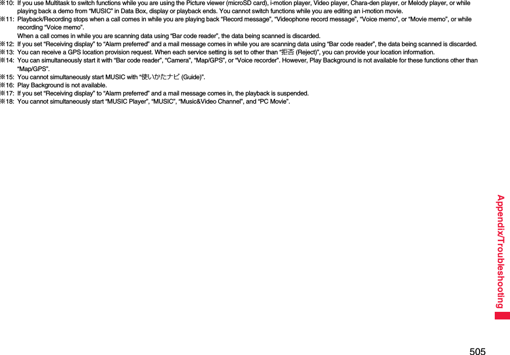 505Appendix/Troubleshooting※10: If you use Multitask to switch functions while you are using the Picture viewer (microSD card), i-motion player, Video player, Chara-den player, or Melody player, or while playing back a demo from “MUSIC” in Data Box, display or playback ends. You cannot switch functions while you are editing an i-motion movie.※11: Playback/Recording stops when a call comes in while you are playing back “Record message”, “Videophone record message”, “Voice memo”, or “Movie memo”, or while recording “Voice memo”. When a call comes in while you are scanning data using “Bar code reader”, the data being scanned is discarded.※12: If you set “Receiving display” to “Alarm preferred” and a mail message comes in while you are scanning data using “Bar code reader”, the data being scanned is discarded.※13: You can receive a GPS location provision request. When each service setting is set to other than “拒否 (Reject)”, you can provide your location information.※14: You can simultaneously start it with “Bar code reader”, “Camera”, “Map/GPS”, or “Voice recorder”. However, Play Background is not available for these functions other than “Map/GPS”.※15: You cannot simultaneously start MUSIC with “使いかたナビ (Guide)”.※16: Play Background is not available.※17: If you set “Receiving display” to “Alarm preferred” and a mail message comes in, the playback is suspended.※18: You cannot simultaneously start “MUSIC Player”, “MUSIC”, “Music&amp;Video Channel”, and “PC Movie”.