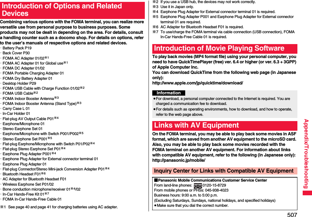 507Appendix/TroubleshootingCombining various options with the FOMA terminal, you can realize more versatile use from personal purpose to business purposes. Some products may not be dealt in depending on the area. For details, consult a handling counter such as a docomo shop. For details on options, refer to the user’s manuals of respective options and related devices.・Battery Pack P19・Back Cover P30・FOMA AC Adapter 01/02※1・FOMA AC Adapter 01 for Global use※1・FOMA DC Adapter 01/02・FOMA Portable Charging Adapter 01・FOMA Dry Battery Adapter 01・Desktop Holder P29・FOMA USB Cable with Charge Function 01/02※2・FOMA USB Cable※2・FOMA Indoor Booster Antenna※3・FOMA Indoor Booster Antenna (Stand Type)※3・Carry Case L 01・In-Car Holder 01・Flat-plug AV Output Cable P01※4・Earphone/Microphone 01・Stereo Earphone Set 01・Earphone/Microphone with Switch P001/P002※5・Stereo Earphone Set P001※5・Flat-plug Earphone/Microphone with Switch P01/P02※4・Flat-plug Stereo Earphone Set P01※4・Earphone Plug Adapter P001※4・Earphone Plug Adapter for External connector terminal 01・Earphone Plug Adapter 01・Flat-plug Connector/Stereo Mini-jack Conversion Adapter P01※4・Bluetooth Headset F01※6・AC Adapter for Bluetooth Headset F01・Wireless Earphone Set P01/02・Bone conduction microphone/receiver 01※4/02・In-Car Hands-Free Kit 01※7・FOMA In-Car Hands-Free Cable 01※1 See page 40 and page 41 for charging batteries using AC adapter.Introduction of Options and Related Devices※2 If you use a USB hub, the devices may not work correctly.※3 Use it in Japan only.※4 Earphone Plug Adapter for External connector terminal 01 is required.※5 Earphone Plug Adapter P001 and Earphone Plug Adapter for External connector terminal 01 are required.※6 AC Adapter for Bluetooth Headset F01 is required.※7 To use/charge the FOMA terminal via cable connection (USB connection), FOMA In-Car Hands-Free Cable 01 is required.To play back movies (MP4 format file) using your personal computer, you need to have QuickTimePlayer (free) ver. 6.4 or higher (or ver. 6.3 + 3GPP) of Apple Computer Inc.You can download QuickTime from the following web page (in Japanese only): http://www.apple.com/jp/quicktime/download/On the FOMA terminal, you may be able to play back some movies in ASF format, which are saved from another AV equipment to the microSD card. Also, you may be able to play back some movies recorded with the FOMA terminal on another AV equipment. For information about links with compatible AV equipment, refer to the following (in Japanese only):http://panasonic.jp/mobile/Introduction of Movie Playing SoftwareInformation≥For download, a personal computer connected to the Internet is required. You are charged a communication fee to download.≥For details such as operating environments, how to download, and how to operate, refer to the web page above. Links with AV EquipmentInquiry Center for Links with Compatible AV Equipment■Panasonic Mobile Communications Customer Service CenterFrom land-line phones:  0120-15-8729From mobile phones or PHSs: 045-938-4023Business hours: 9:00 a.m. to 5:00 p.m.(Excluding Saturdays, Sundays, national holidays, and specified holidays)≥Make sure that you dial the correct number.