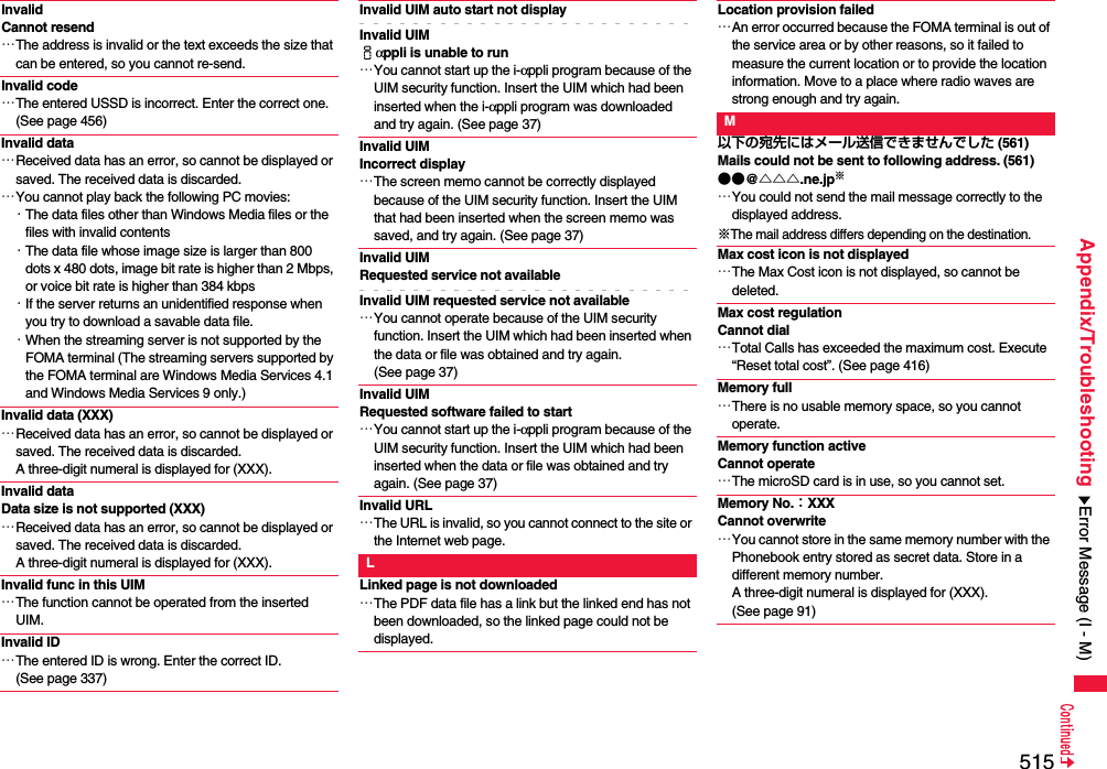 515Appendix/TroubleshootingInvalid Cannot resend…The address is invalid or the text exceeds the size that can be entered, so you cannot re-send.Invalid code…The entered USSD is incorrect. Enter the correct one. (See page 456)Invalid data…Received data has an error, so cannot be displayed or saved. The received data is discarded.…You cannot play back the following PC movies:・The data files other than Windows Media files or the files with invalid contents・The data file whose image size is larger than 800 dots x 480 dots, image bit rate is higher than 2 Mbps, or voice bit rate is higher than 384 kbps・If the server returns an unidentified response when you try to download a savable data file.・When the streaming server is not supported by the FOMA terminal (The streaming servers supported by the FOMA terminal are Windows Media Services 4.1 and Windows Media Services 9 only.)Invalid data (XXX)…Received data has an error, so cannot be displayed or saved. The received data is discarded. A three-digit numeral is displayed for (XXX).Invalid dataData size is not supported (XXX)…Received data has an error, so cannot be displayed or saved. The received data is discarded. A three-digit numeral is displayed for (XXX).Invalid func in this UIM…The function cannot be operated from the inserted UIM.Invalid ID…The entered ID is wrong. Enter the correct ID. (See page 337)Invalid UIM auto start not displayInvalid UIM iαppli is unable to run…You cannot start up the i-αppli program because of the UIM security function. Insert the UIM which had been inserted when the i-αppli program was downloaded and try again. (See page 37)Invalid UIM Incorrect display…The screen memo cannot be correctly displayed because of the UIM security function. Insert the UIM that had been inserted when the screen memo was saved, and try again. (See page 37)Invalid UIM Requested service not availableInvalid UIM requested service not available…You cannot operate because of the UIM security function. Insert the UIM which had been inserted when the data or file was obtained and try again. (See page 37)Invalid UIM Requested software failed to start…You cannot start up the i-αppli program because of the UIM security function. Insert the UIM which had been inserted when the data or file was obtained and try again. (See page 37)Invalid URL…The URL is invalid, so you cannot connect to the site or the Internet web page.LLinked page is not downloaded…The PDF data file has a link but the linked end has not been downloaded, so the linked page could not be displayed.Location provision failed…An error occurred because the FOMA terminal is out of the service area or by other reasons, so it failed to measure the current location or to provide the location information. Move to a place where radio waves are strong enough and try again.M以下の宛先にはメール送信できませんでした (561)Mails could not be sent to following address. (561)●●@△△△.ne.jp※…You could not send the mail message correctly to the displayed address.※The mail address differs depending on the destination.Max cost icon is not displayed…The Max Cost icon is not displayed, so cannot be deleted.Max cost regulationCannot dial…Total Calls has exceeded the maximum cost. Execute “Reset total cost”. (See page 416)Memory full…There is no usable memory space, so you cannot operate.Memory function active Cannot operate…The microSD card is in use, so you cannot set.Memory No.：XXXCannot overwrite…You cannot store in the same memory number with the Phonebook entry stored as secret data. Store in a different memory number. A three-digit numeral is displayed for (XXX). (See page 91)Error Message (I - M)