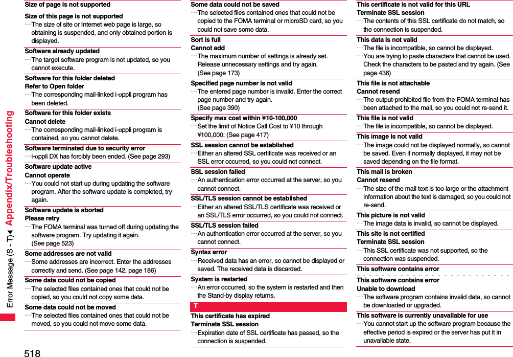 518Appendix/TroubleshootingSize of page is not supportedSize of this page is not supported…The size of site or Internet web page is large, so obtaining is suspended, and only obtained portion is displayed.Software already updated…The target software program is not updated, so you cannot execute.Software for this folder deleted Refer to Open folder…The corresponding mail-linked i-αppli program has been deleted.Software for this folder exists Cannot delete…The corresponding mail-linked i-αppli program is contained, so you cannot delete.Software terminated due to security error…i-αppli DX has forcibly been ended. (See page 293)Software update active Cannot operate…You could not start up during updating the software program. After the software update is completed, try again.Software update is abortedPlease retry…The FOMA terminal was turned off during updating the software program. Try updating it again. (See page 523)Some addresses are not valid…Some addresses are incorrect. Enter the addresses correctly and send. (See page 142, page 186)Some data could not be copied…The selected files contained ones that could not be copied, so you could not copy some data.Some data could not be moved…The selected files contained ones that could not be moved, so you could not move some data.Some data could not be saved…The selected files contained ones that could not be copied to the FOMA terminal or microSD card, so you could not save some data.Sort is full Cannot add…The maximum number of settings is already set. Release unnecessary settings and try again. (See page 173)Specified page number is not valid…The entered page number is invalid. Enter the correct page number and try again. (See page 390)Specify max cost within ¥10-100,000…Set the limit of Notice Call Cost to ¥10 through ¥100,000. (See page 417)SSL session cannot be established…Either an altered SSL certificate was received or an SSL error occurred, so you could not connect.SSL session failed…An authentication error occurred at the server, so you cannot connect.SSL/TLS session cannot be established…Either an altered SSL/TLS certificate was received or an SSL/TLS error occurred, so you could not connect.SSL/TLS session failed…An authentication error occurred at the server, so you cannot connect.Syntax error…Received data has an error, so cannot be displayed or saved. The received data is discarded.System is restarted…An error occurred, so the system is restarted and then the Stand-by display returns.TThis certificate has expiredTerminate SSL session…Expiration date of SSL certificate has passed, so the connection is suspended.This certificate is not valid for this URLTerminate SSL session…The contents of this SSL certificate do not match, so the connection is suspended.This data is not valid…The file is incompatible, so cannot be displayed.…You are trying to paste characters that cannot be used. Check the characters to be pasted and try again. (See page 436)This file is not attachable Cannot resend…The output-prohibited file from the FOMA terminal has been attached to the mail, so you could not re-send it.This file is not valid…The file is incompatible, so cannot be displayed.This image is not valid…The image could not be displayed normally, so cannot be saved. Even if normally displayed, it may not be saved depending on the file format.This mail is broken Cannot resend…The size of the mail text is too large or the attachment information about the text is damaged, so you could not re-send.This picture is not valid…The image data is invalid, so cannot be displayed.This site is not certifiedTerminate SSL session…This SSL certificate was not supported, so the connection was suspended.This software contains errorThis software contains error Unable to download…The software program contains invalid data, so cannot be downloaded or upgraded.This software is currently unavailable for use…You cannot start up the software program because the effective period is expired or the server has put it in unavailable state.Error Message (S - T)