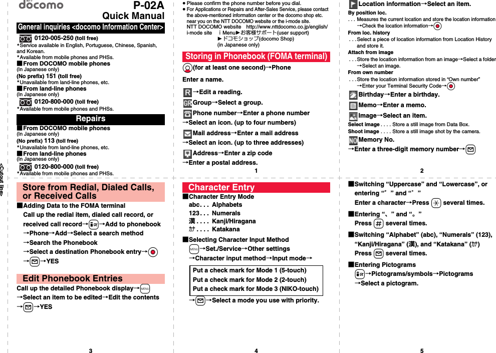 &lt;Cutout line&gt;12345P-02AQuick Manual0120-005-250 (toll free)Service available in English, Portuguese, Chinese, Spanish, and Korean.Available from mobile phones and PHSs.■From DOCOMO mobile phones(In Japanese only)(No prefix) 151 (toll free)Unavailable from land-line phones, etc.■From land-line phones(In Japanese only)0120-800-000 (toll free)Available from mobile phones and PHSs.■From DOCOMO mobile phones(In Japanese only)(No prefix) 113 (toll free)Unavailable from land-line phones, etc.■From land-line phones(In Japanese only)0120-800-000 (toll free)Available from mobile phones and PHSs.General inquiries &lt;docomo Information Center&gt;Repairs★★★★★★≥Please confirm the phone number before you dial.≥For Applications or Repairs and After-Sales Service, please contact the above-mentioned information center or the docomo shop etc. near you on the NTT DOCOMO website or the i-mode site.NTT DOCOMO website http://www.nttdocomo.co.jp/english/i-mode site ｉMenu1お客様サポート(user support)1ドコモショップ(docomo Shop) (in Japanese only)Xo(for at least one second)→PhoneEnter a name.→Edit a reading.Group→Select a group.Phone number→Enter a phone number→Select an icon. (up to four numbers)Mail address→Enter a mail address→Select an icon. (up to three addresses)Address→Enter a zip code→Enter a postal address.Storing in Phonebook (FOMA terminal)Location information→Select an item.By position loc.. . . Measures the current location and store the location information→Check the location information→OoFrom loc. history. . .Select a piece of location information from Location History and store it.Attach from image. . . Store the location information from an image→Select a folder→Select an image.From own number. . .Store the location information stored in “Own number”→Enter your Terminal Security Code→OoBirthday→Enter a birthday.Memo→Enter a memo.Image→Select an item.Select image . . . . Store a still image from Data Box.Shoot image . . . . Store a still image shot by the camera.Memory No.→Enter a three-digit memory number→l■Adding Data to the FOMA terminalCall up the redial item, dialed call record, or received call record→i→Add to phonebook→Phone→Add→Select a search method→Search the Phonebook→Select a destination Phonebook entry→Oo→l→YESCall up the detailed Phonebook display→m→Select an item to be edited→Edit the contents→l→YESStore from Redial, Dialed Calls, or Received CallsEdit Phonebook Entries■Character Entry Modeabc. . .  Alphabets123. . .  Numerals漢. . . .  Kanji/Hiraganaカナ. . . .  Katakana■Selecting Character Input Methodm→Set./Service→Other settings→Character input method→Input mode→→l→Select a mode you use with priority.Character EntryPut a check mark for Mode 1 (5-touch)Put a check mark for Mode 2 (2-touch)Put a check mark for Mode 3 (NIKO-touch)■Switching “Uppercase” and “Lowercase”, or entering “゛” and “゜”Enter a character→Press a several times.■Entering “、” and “。”Press s several times.■Switching “Alphabet” (abc), “Numerals” (123), “Kanji/Hiragana” (漢), and “Katakana” (カナ)Press l several times.■Entering Pictogramsi→Pictograms/symbols→Pictograms→Select a pictogram.