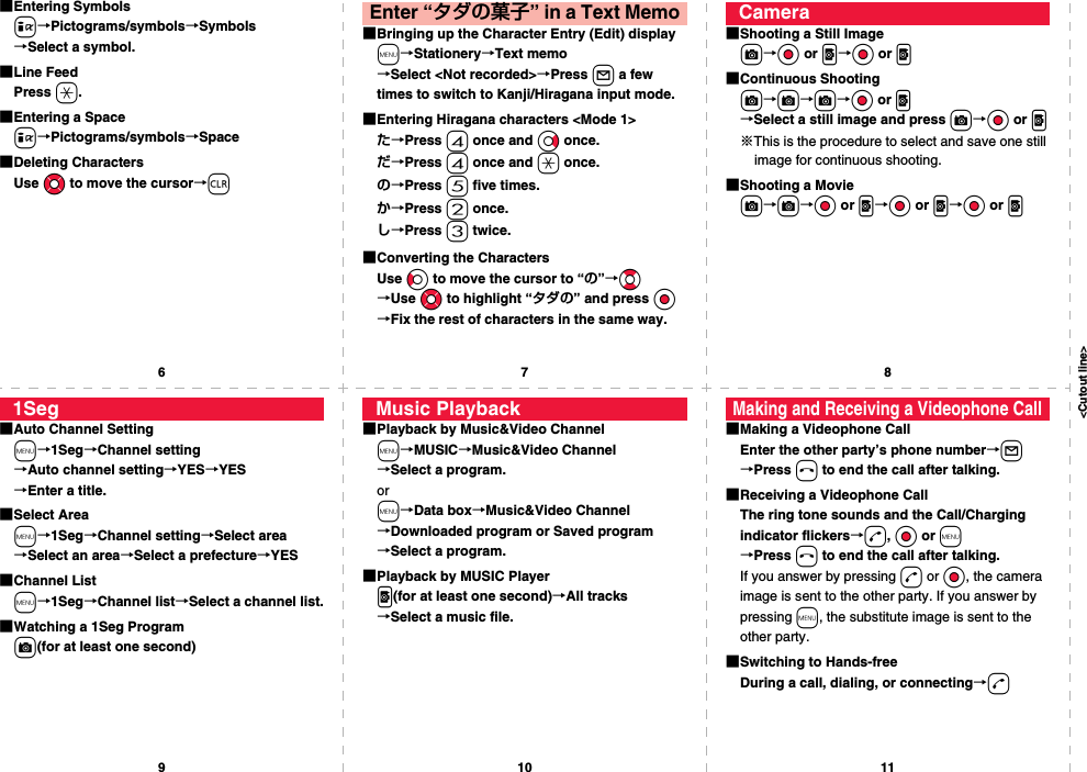 &lt;Cutout line&gt;67891011■Entering Symbolsi→Pictograms/symbols→Symbols→Select a symbol.■Line FeedPress a.■Entering a Spacei→Pictograms/symbols→Space■Deleting CharactersUse Mo to move the cursor→r■Bringing up the Character Entry (Edit) displaym→Stationery→Text memo→Select &lt;Not recorded&gt;→Press l a few times to switch to Kanji/Hiragana input mode.■Entering Hiragana characters &lt;Mode 1&gt;た→Press 4 once and Vo once.だ→Press 4 once and a once.の→Press 5 five times.か→Press 2 once.し→Press 3 twice.■Converting the CharactersUse Co to move the cursor to “の”→Bo→Use Mo to highlight “タダの” and press Oo→Fix the rest of characters in the same way.Enter “タダの菓子” in a Text Memo■Shooting a Still Imagec→Oo or p→Oo or p■Continuous Shootingc→c→c→Oo or p→Select a still image and press c→Oo or p※This is the procedure to select and save one still image for continuous shooting.■Shooting a Moviec→c→Oo or p→Oo or p→Oo or pCamera■Auto Channel Settingm→1Seg→Channel setting→Auto channel setting→YES→YES→Enter a title.■Select Aream→1Seg→Channel setting→Select area→Select an area→Select a prefecture→YES■Channel Listm→1Seg→Channel list→Select a channel list.■Watching a 1Seg Programc(for at least one second)1Seg■Playback by Music&amp;Video Channelm→MUSIC→Music&amp;Video Channel→Select a program.orm→Data box→Music&amp;Video Channel→Downloaded program or Saved program→Select a program.■Playback by MUSIC Playerp(for at least one second)→All tracks→Select a music file.Music Playback■Making a Videophone CallEnter the other party’s phone number→l→Press h to end the call after talking.■Receiving a Videophone CallThe ring tone sounds and the Call/Charging indicator flickers→d, Oo or m→Press h to end the call after talking.If you answer by pressing d or Oo, the camera image is sent to the other party. If you answer by pressing m, the substitute image is sent to the other party.■Switching to Hands-freeDuring a call, dialing, or connecting→dMaking and Receiving a Videophone Call