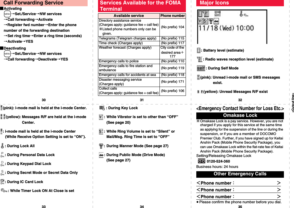 &lt;Cutout line&gt;30313233 3435■Activatingm→Set./Service→NW services→Call forwarding→Activate→Register fwd number→Enter the phone number of the forwarding destination→Set ring time→Enter a ring time (seconds)→Activate→YES■Deactivatingm→Set./Service→NW services→Call forwarding→Deactivate→YESCall Forwarding Service Services Available for the FOMA TerminalAvailable servicePhone numberDirectory assistance service (Charges apply: guidance fee + call fee)※Listed phone numbers only can be given.(No prefix) 104Telegrams (Telegram charges apply) (No prefix) 115Time check (Charges apply) (No prefix) 117Weather forecast (Charges apply) City code of the desired area＋177Emergency calls to police (No prefix) 110Emergency calls to fire station and ambulance (No prefix) 119Emergency calls for accidents at sea (No prefix) 118Disaster messaging service (Charges apply) (No prefix) 171Collect calls (Charges apply: guidance fee + call fee)(No prefix) 106: Battery level (estimate): Radio waves reception level (estimate): During Self Mode(pink): Unread i-mode mail or SMS messages exist.(yellow): Unread Messages R/F existMajor Icons(pink): i-mode mail is held at the i-mode Center.(yellow): Messages R/F are held at the i-mode Center.: i-mode mail is held at the i-mode Center (While Receive Option Setting is set to “ON”).: During Lock All: During Personal Data Lock: During Keypad Dial Lock: During Secret Mode or Secret Data Only: During IC Card Lock: While Timer Lock ON At Close is set: During Key Lock: While Vibrator is set to other than “OFF” (See page 20): While Ring Volume is set to “Silent” or Mail/Msg. Ring Time is set to “OFF”: During Manner Mode (See page 27): During Public Mode (Drive Mode) (See page 27)&lt;Emergency Contact Number for Loss Etc.&gt;※Omakase Lock is a pay service. However, you are not charged if you apply for this service at the same time as applying for the suspension of the line or during the suspension, or if you are a member of DOCOMO Premier Club. Further, if you have signed up for Keitai Anshin Pack (Mobile Phone Security Package), you can use Omakase Lock within the flat-rate fee of Keitai Anshin Pack (Mobile Phone Security Package).Setting/Releasing Omakase Lock0120-524-360Business hours: 24 hours＜Phone number：              ＞＜Phone number：              ＞＜Phone number：              ＞≥Please confirm the phone number before you dial.Omakase LockOther Emergency Calls
