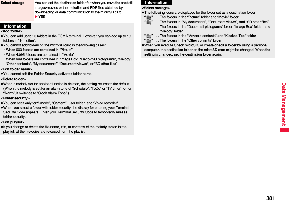 381Data ManagementSelect storage You can set the destination folder for when you save the shot still images/movies or the melodies and PDF files obtained by downloading or data communication to the microSD card.1YESInformation&lt;Add folder&gt;≥You can add up to 20 folders in the FOMA terminal. However, you can add up to 19 folders in “imotion”.≥You cannot add folders on the microSD card in the following cases:・When 900 folders are contained in “Picture”・When 4,095 folders are contained in “Movie”・When 999 folders are contained in “Image Box”, “Deco-mail pictograms”, “Melody”, “Other contents”, “My documents”, “Document viewer”, or “SD other files”&lt;Edit folder name&gt;≥You cannot edit the Folder-Security-activated folder name.&lt;Delete folder&gt;≥When a melody set for another function is deleted, the setting returns to the default. (When the melody is set for an alarm tone of “Schedule”, “ToDo” or “TV timer”, or for “Alarm”, it switches to “Clock Alarm Tone”.)&lt;Folder security&gt;≥You can set it only for “i-mode”, “Camera”, user folder, and “Voice recorder”.≥When you select a folder with folder security, the display for entering your Terminal Security Code appears. Enter your Terminal Security Code to temporarily release folder security.&lt;Edit playlist&gt;≥If you change or delete the file name, title, or contents of the melody stored in the playlist, all the melodies are released from the playlist.&lt;Select storage&gt;≥The following icons are displayed for the folder set as a destination folder:“ ”  . . . The folders in the “Picture” folder and “Movie” folder“ ”  . . . The folders in “My documents”, “Document viewer”, and “SD other files”The folders in the “Deco-mail pictograms” folder, “Image Box” folder, and “Melody” folder“ ”  . . . The folders in the “Movable contents” and “Kisekae Tool” folder“ ”  . . . The folders in the “Other contents” folder≥When you execute Check microSD, or create or edit a folder by using a personal computer, the destination folder on the microSD card might be changed. When the setting is changed, set the destination folder again.Information