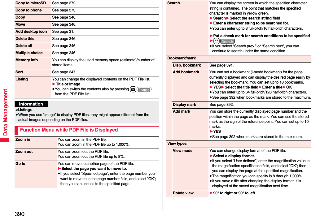 390Data ManagementCopy to microSD See page 372.Copy to phone See page 373.Copy See page 346.Move See page 346.Add desktop icon See page 31.Delete this See page 346.Delete all See page 346.Multiple-choice See page 346.Memory info You can display the used memory space (estimate)/number of stored items.Sort See page 347.Listing You can change the displayed contents on the PDF File list.1Title or Image≥You can switch the contents also by pressing c() from the PDF File list.Information&lt;Listing&gt;≥When you use “Image” to display PDF files, they might appear different from the actual images depending on the PDF files.Function Menu while PDF File is DisplayedZoom in You can zoom in the PDF file. You can zoom in the PDF file up to 1,000%. Zoom out You can zoom out the PDF file. You can zoom out the PDF file up to 8%.Go to You can move to another page of the PDF file.1Select the page you want to move to.≥If you select “Specified page”, enter the page number you want to move to in the page number field, and select “OK”; then you can access to the specified page.Search You can display the screen in which the specified character string is contained. The point that matches the specified character is marked in yellow green.1Search1Select the search string field1Enter a character string to be searched for.≥You can enter up to 8 full-pitch/16 half-pitch characters.1Put a check mark for search conditions to be specified1l()≥If you select “Search prev.” or “Search next”, you can continue to search under the same condition.Bookmark/markDisp. bookmark See page 391.Add bookmark You can set a bookmark (i-mode bookmark) for the page currently displayed and can display the desired page easily by selecting the bookmark. You can set up to 10 bookmarks.1YES1Select the title field1Enter a title1OK≥You can enter up to 64 full-pitch/128 half-pitch characters.≥See page 392 when bookmarks are stored to the maximum.Display mark See page 392.Add mark You can store the currently displayed page number and the position within the page as the mark. You can use the stored mark as the sign of the reference point. You can set up to 10 marks.1YES≥See page 392 when marks are stored to the maximum.View typesView mode You can change display format of the PDF file.1Select a display format.≥If you select “User defined”, enter the magnification value in the magnification specification field, and select “OK”; then you can display the page at the specified magnification.≥The magnification you can specify is 8 through 1,000%.≥If you save a file after changing the display format, it is displayed at the saved magnification next time.Rotate view 190° to right or 90° to left