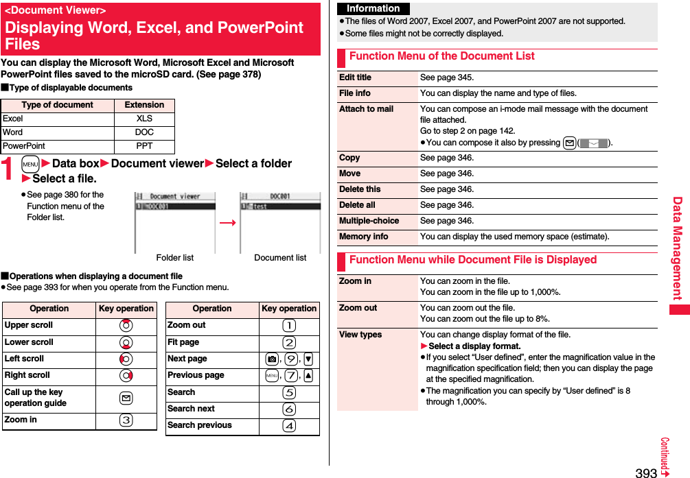 393Data ManagementYou can display the Microsoft Word, Microsoft Excel and Microsoft PowerPoint files saved to the microSD card. (See page 378)■Type of displayable documents1m1Data box1Document viewer1Select a folder1Select a file.≥See page 380 for the Function menu of the Folder list.■Operations when displaying a document file≥See page 393 for when you operate from the Function menu.&lt;Document Viewer&gt;Displaying Word, Excel, and PowerPoint FilesType of document ExtensionExcel XLSWord DOCPowerPoint PPTFolder list Document listOperation Key operationUpper scroll ZoLower scroll XoLeft scroll CoRight scroll VoCall up the key operation guide lZoom in 3Operation Key operationZoom out 1Fit page 2Next page c, 9, &gt;Previous page m, 7, &lt;Search 5Search next 6Search previous 4Information≥The files of Word 2007, Excel 2007, and PowerPoint 2007 are not supported.≥Some files might not be correctly displayed.Function Menu of the Document ListEdit title See page 345.File info You can display the name and type of files.Attach to mail You can compose an i-mode mail message with the document file attached.Go to step 2 on page 142.≥You can compose it also by pressing l().Copy See page 346.Move See page 346.Delete this See page 346.Delete all See page 346.Multiple-choice See page 346.Memory info You can display the used memory space (estimate).Function Menu while Document File is DisplayedZoom in You can zoom in the file.You can zoom in the file up to 1,000%.Zoom out You can zoom out the file.You can zoom out the file up to 8%.View types You can change display format of the file.1Select a display format.≥If you select “User defined”, enter the magnification value in the magnification specification field; then you can display the page at the specified magnification.≥The magnification you can specify by “User defined” is 8 through 1,000%.