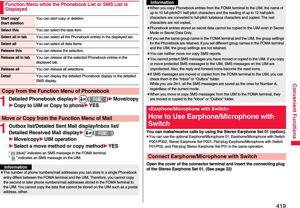 419Convenient Functions1Detailed Phonebook display1i()1Move/copy1Copy to UIM or Copy to phone1YES 1Outbox list/Detailed Sent Mail display/Inbox list/Detailed Received Mail display1i()1Move/copy1UIM operation1Select a move method or copy method1YES“ (blue)” indicates an SMS message in the FOMA terminal.“ ” indicates an SMS message on the UIM.Function Menu while the Phonebook List or SMS List is DisplayedStart copy/Start deletionYou can start copy or deletion.Select this You can select the data item.Select all in tab You can select all the Phonebook entries in the displayed tab.Select all You can select all data items.Release this You can release the selection.Release all in tab You can release all the selected Phonebook entries in the displayed tab.Release all You can release all selections.Detail You can display the detailed Phonebook display or the detailed SMS display.Copy from the Function Menu of PhonebookMove or Copy from the Function Menu of MailInformation≥The number of phone numbers/mail addresses you can store in a single Phonebook entry differs between the FOMA terminal and the UIM. Therefore, you cannot copy the second or later phone numbers/mail addresses stored in the FOMA terminal to the UIM. You cannot copy the data that cannot be stored on the UIM such as a postal address, either.You can make/receive calls by using the Stereo Earphone Set 01 (option).≥You can use the optional Earphone/Microphone 01, Earphone/Microphone with Switch P001/P002, Stereo Earphone Set P001, Flat-plug Earphone/Microphone with Switch P01/P02, and Flat-plug Stereo Earphone Set P01 in the same operation.Open the cover of the connector terminal and insert the connecting plug of the Stereo Earphone Set 01. (See page 22)≥When you copy Phonebook entries from the FOMA terminal to the UIM, the name of up to 10 full-pitch/21 half-pitch characters and the reading of up to 12 half-pitch characters are converted to full-pitch katakana characters and copied. The rest characters are not copied.≥Phonebook entries stored as secret data cannot be copied to the UIM even in Secret Mode or Secret Data Only.≥If you set the same group name in the FOMA terminal and the UIM, the group settings for the Phonebook are retained. If you set different group names in the FOMA terminal and the UIM, the group settings are not retained.≥You can neither move nor copy SMS reports.≥You cannot protect SMS messages you have moved or copied to the UIM. If you copy or move protected SMS messages to the UIM, SMS messages on the UIM are unprotected. Also, the reply and forward icons become the read icons.≥If SMS messages are moved or copied from the FOMA terminal to the UIM, you can check them in the “Inbox” or “Outbox” folder.While you use 2in1, all the SMS messages are saved as the ones for Number A, regardless of the current mode.≥When you move or copy SMS messages from the UIM to the FOMA terminal, they are moved or copied to the “Inbox” or “Outbox” folder.&lt;Earphone/Microphone with Switch&gt;How to Use Earphone/Microphone with SwitchConnect Earphone/Microphone with SwitchInformation