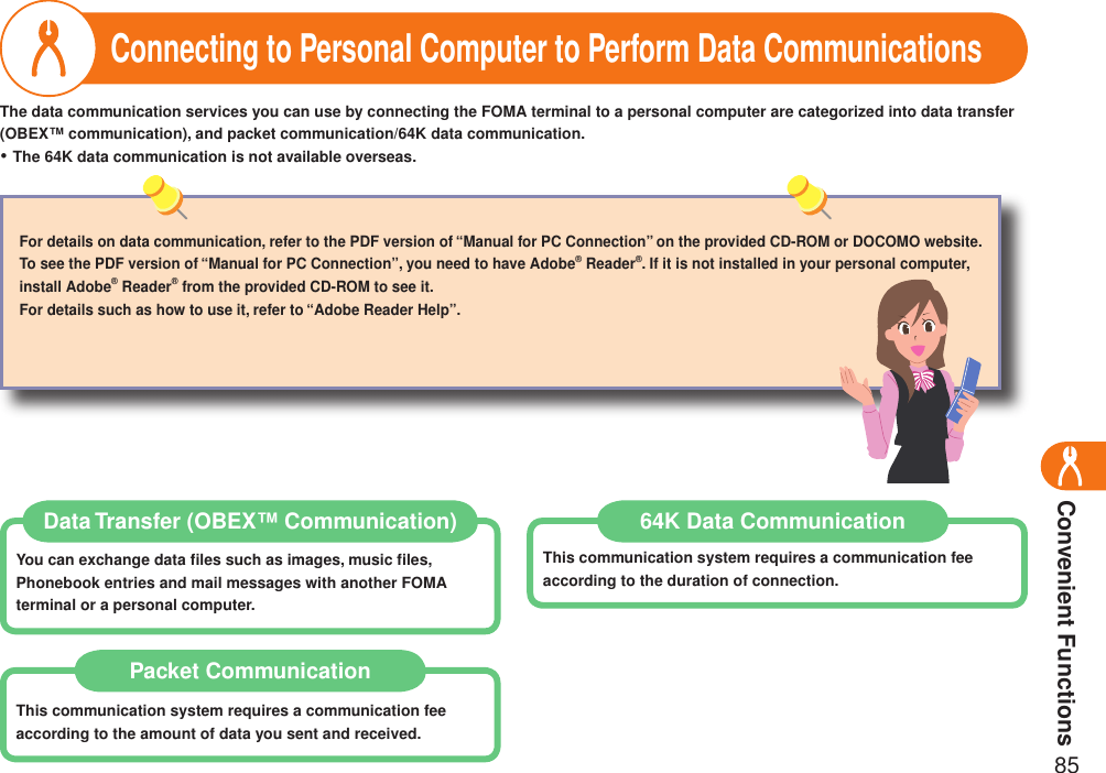 Convenient Functions85Connecting to Personal Computer to Perform Data CommunicationsThe data communication services you can use by connecting the FOMA terminal to a personal computer are categorized into data transfer(OBEX™ communication), and packet communication/64K data communication.The 64K data communication is not available overseas.・For details on data communication, refer to the PDF version of “Manual for PC Connection” on the provided CD-ROM or DOCOMO website.To see the PDF version of “Manual for PC Connection”, you need to have Adobe® Reader®. If it is not installed in your personal computer, install Adobe® Reader® from the provided CD-ROM to see it.For details such as how to use it, refer to “Adobe Reader Help”.Data Transfer (OBEX™ Communication)You can exchange data ﬁles such as images, music ﬁles, Phonebook entries and mail messages with another FOMA terminal or a personal computer.Packet CommunicationThis communication system requires a communication fee according to the amount of data you sent and received.64K Data CommunicationThis communication system requires a communication fee according to the duration of connection.