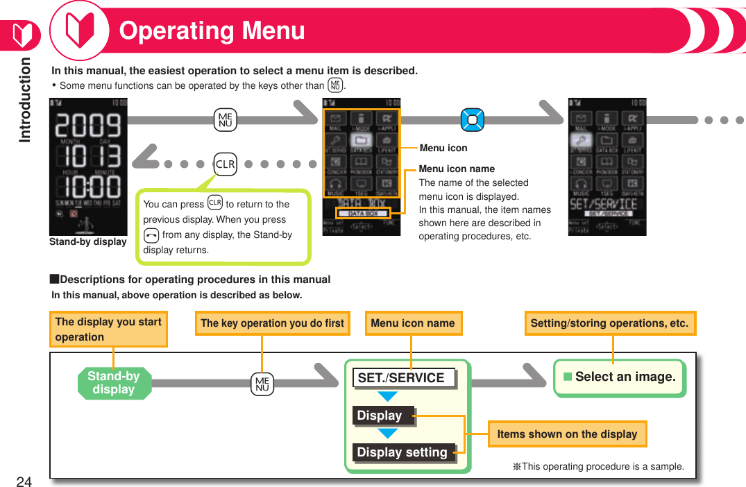 Introduction24Operating Menu+rYou can press r to return to the previous display. When you press h from any display, the Stand-by display returns.Menu icon+mThe display you start operationMenu icon nameThe name of the selected menu icon is displayed.In this manual, the item names shown here are described in operating procedures, etc.The key operation you do ﬁrstMenu icon nameDisplayDisplay settingSET./SERVICE+m+MoStand-by displayItems shown on the displaySetting/storing operations, etc.Select an image.■※This operating procedure is a sample.■Descriptions for operating procedures in this manualStand-by displayIn this manual, the easiest operation to select a menu item is described.Some menu functions can be operated by the keys other than +m.・In this manual, above operation is described as below.