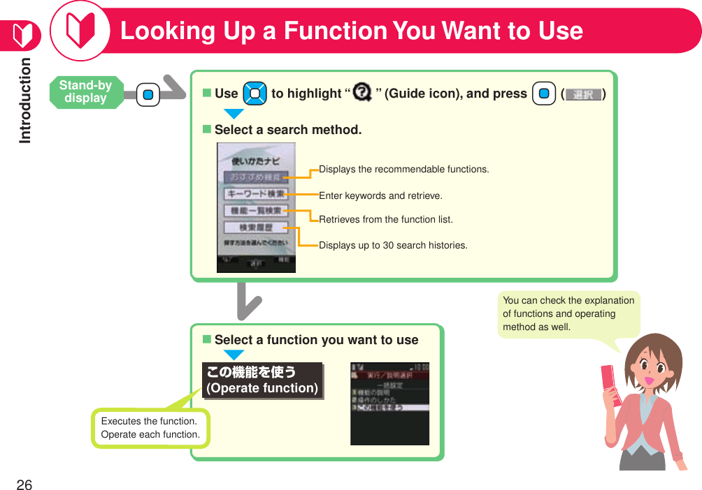 Introduction26+OoLooking Up a Function You Want to Useこの機能を使う  (Operate function)You can check the explanation of functions and operating method as well.Stand-by display Use +Mo to highlight “ ” (Guide icon), and press +Oo ( )■Select a search method.■Displays the recommendable functions.Enter keywords and retrieve.Retrieves from the function list.Displays up to 30 search histories.Select a function you want to use■Executes the function. Operate each function.