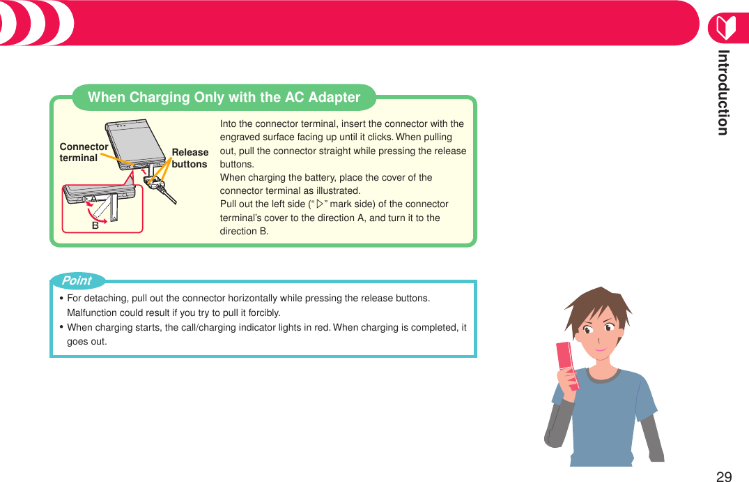 Introduction29When Charging Only with the AC AdapterInto the connector terminal, insert the connector with the engraved surface facing up until it clicks. When pulling out, pull the connector straight while pressing the release buttons.When charging the battery, place the cover of the connector terminal as illustrated.Pull out the left side (“△” mark side) of the connector  terminal’s cover to the direction A, and turn it to the direction B.Release buttonsFor detaching, pull out the connector horizontally while pressing the release buttons. Malfunction could result if you try to pull it forcibly.When charging starts, the call/charging indicator lights in red. When charging is completed, it goes out.・・PointConnector terminal