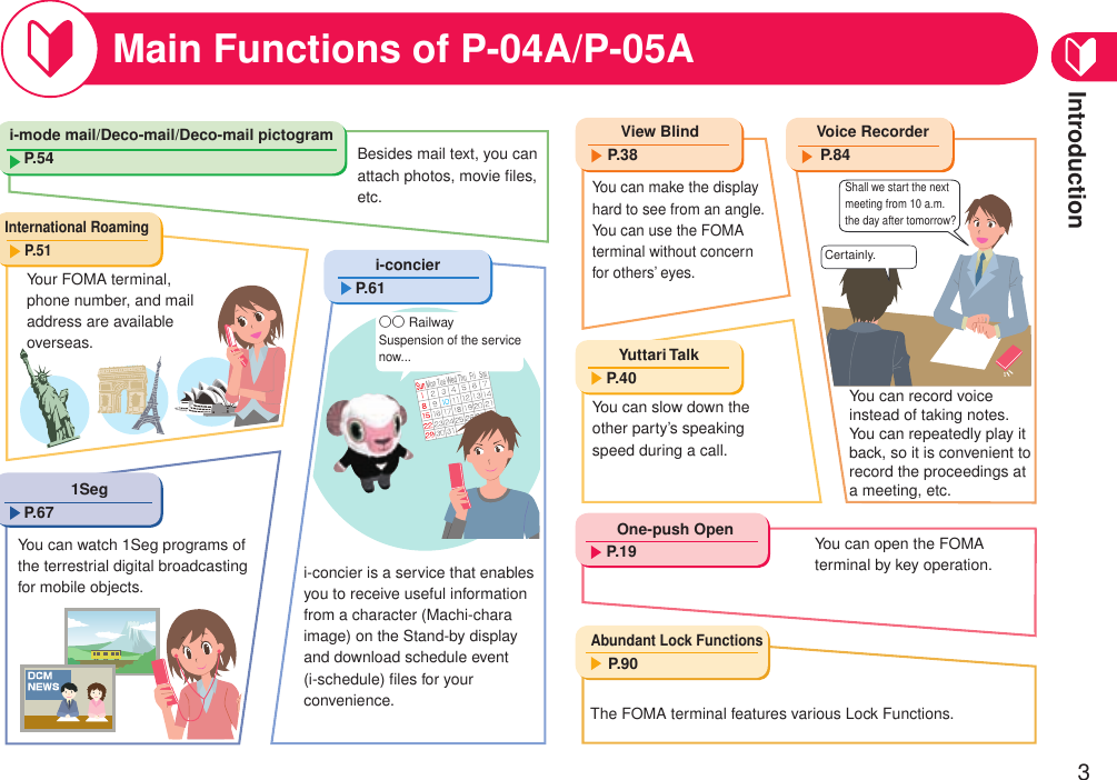 Introduction3Main Functions of P-04A/P-05ABesides mail text, you can attach photos, movie ﬁles, etc.Your FOMA terminal, phone number, and mail address are available overseas.i-concier is a service that enables you to receive useful information from a character (Machi-chara  image) on the Stand-by display and download schedule event (i-schedule) ﬁles for your convenience.You can watch 1Seg programs of the terrestrial digital broadcasting for mobile objects.View BlindP.38i-mode mail/Deco-mail/Deco-mail pictogramP.54International RoamingP.511SegP.67i-concierP.61Yuttari TalkP.40One-push OpenP.19Abundant Lock FunctionsP.90Voice RecorderP.84You can make the display hard to see from an angle. You can use the FOMA terminal without concern for others’ eyes.You can slow down the other party’s speaking speed during a call.You can open the FOMA terminal by key operation.The FOMA terminal features various Lock Functions.You can record voice instead of taking notes. You can repeatedly play it back, so it is convenient to record the proceedings at a meeting, etc.○○ Railway Suspension of the service now...Shall we start the next meeting from 10 a.m. the day after tomorrow?Certainly.