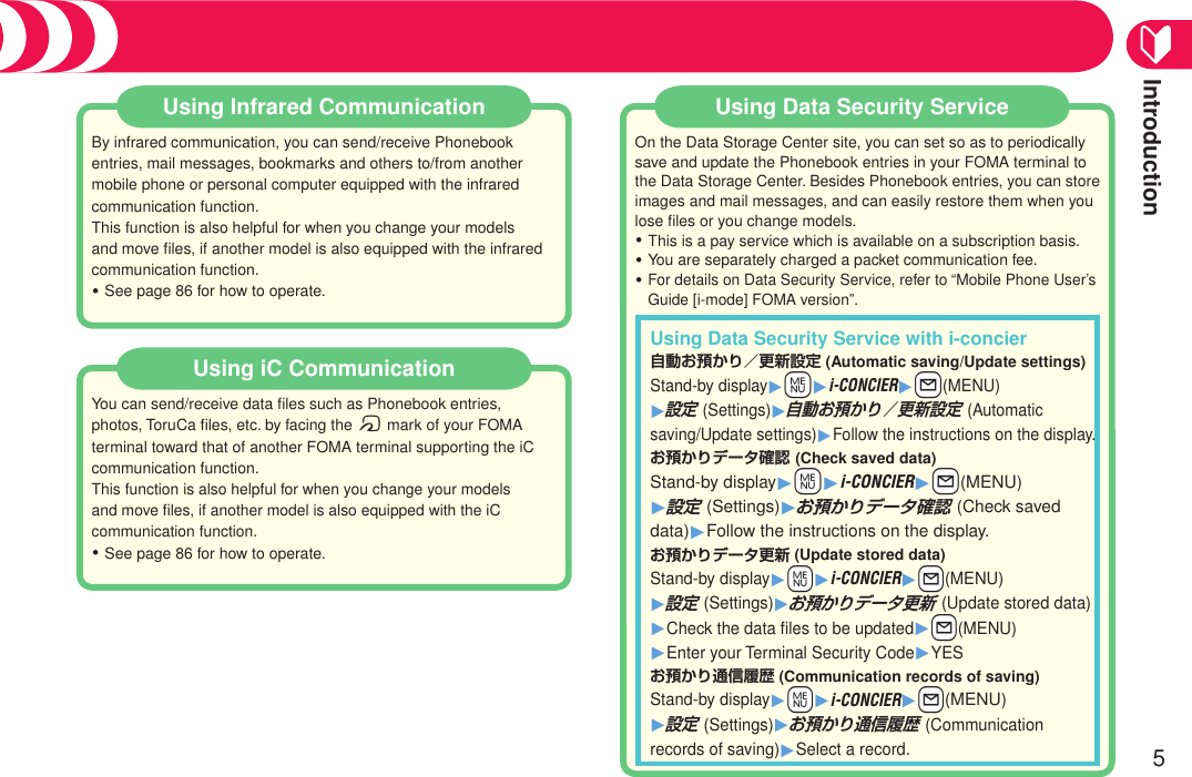 Introduction5Moving Data FilesUsing Data Security ServiceOn the Data Storage Center site, you can set so as to periodically save and update the Phonebook entries in your FOMA terminal to the Data Storage Center. Besides Phonebook entries, you can store images and mail messages, and can easily restore them when you lose ﬁles or you change models.This is a pay service which is available on a subscription basis.You are separately charged a packet communication fee.For details on Data Security Service, refer to “Mobile Phone User’s Guide [i-mode] FOMA version”. ・・・Using Infrared CommunicationBy infrared communication, you can send/receive Phonebook entries, mail messages, bookmarks and others to/from another mobile phone or personal computer equipped with the infrared communication function.This function is also helpful for when you change your models and move ﬁles, if another model is also equipped with the infrared communication function.See page 86 for how to operate.・Using iC CommunicationYou can send/receive data ﬁles such as Phonebook entries, photos, ToruCa ﬁles, etc. by facing the f mark of your FOMA terminal toward that of another FOMA terminal supporting the iC communication function.This function is also helpful for when you change your models and move ﬁles, if another model is also equipped with the iC communication function.See page 86 for how to operate.・Using Data Security Service with i-concier自動お預かり／更新設定 (Automatic saving/Update settings)Stand-by display1+m1i-CONCIER1+l(MENU) 1設定 (Settings)1自動お預かり／更新設定 (Automatic saving/Update settings)1Follow the instructions on the display.お預かりデータ確認 (Check saved data)Stand-by display1+m1i-CONCIER1+l(MENU) 1設定 (Settings)1お預かりデータ確認 (Check saved data)1Follow the instructions on the display.お預かりデータ更新 (Update stored data)Stand-by display1+m1i-CONCIER1+l(MENU) 1設定 (Settings)1お預かりデータ更新 (Update stored data) 1Check the data ﬁles to be updated1+l(MENU) 1Enter your Terminal Security Code1YESお預かり通信履歴 (Communication records of saving)Stand-by display1+m1i-CONCIER1+l(MENU) 1設定 (Settings)1お預かり通信履歴 (Communication records of saving)1Select a record.