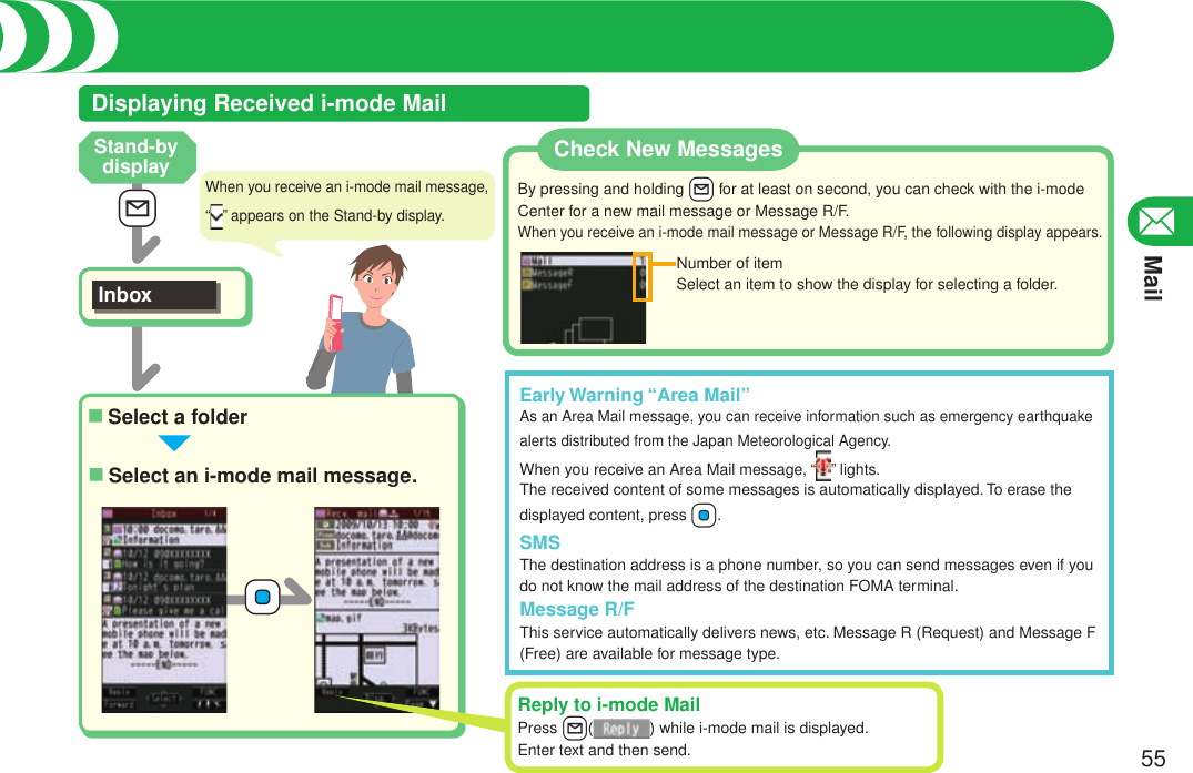 Mail55Using i-mode MailDisplaying Received i-mode MailSelect a folder■Select an i-mode mail message.■+lInboxBy pressing and holding +l for at least on second, you can check with the i-mode Center for a new mail message or Message R/F.When you receive an i-mode mail message or Message R/F, the following display appears.Check New MessagesNumber of itemSelect an item to show the display for selecting a folder.When you receive an i-mode mail message, “” appears on the Stand-by display.+OoEarly Warning “Area Mail”As an Area Mail message, you can receive information such as emergency earthquake alerts distributed from the Japan Meteorological Agency. When you receive an Area Mail message, “ ” lights. The received content of some messages is automatically displayed. To erase the displayed content, press +Oo.SMSThe destination address is a phone number, so you can send messages even if you do not know the mail address of the destination FOMA terminal.Message R/FThis service automatically delivers news, etc. Message R (Request) and Message F (Free) are available for message type.Reply to i-mode MailPress l( ) while i-mode mail is displayed.Enter text and then send.Stand-by display