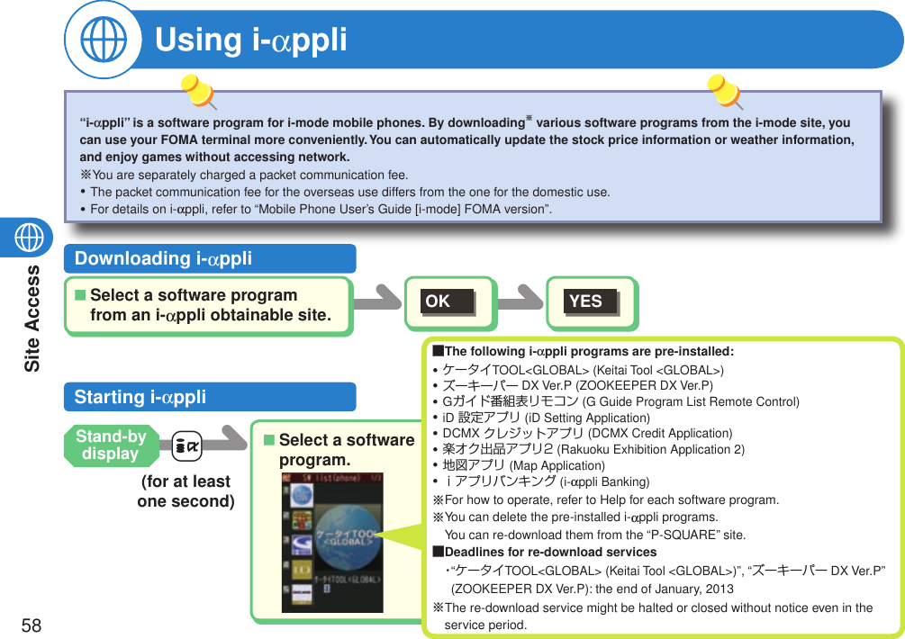 Site Access58Using i-appliSelect a software  program.■+i(for at least  one second)Downloading i-appliStarting i-appliSelect a software program from an i-appli obtainable site.■OK YES■The following i-appli programs are pre-installed:ケータイTOOL&lt;GLOBAL&gt; (Keitai Tool &lt;GLOBAL&gt;)ズーキーパー DX Ver.P (ZOOKEEPER DX Ver.P)Gガイド番組表リモコン (G Guide Program List Remote Control)iD 設定アプリ (iD Setting Application)DCMX クレジットアプリ (DCMX Credit Application)楽オク出品アプリ2 (Rakuoku Exhibition Application 2)地図アプリ (Map Application)ｉアプリバンキング (i-appli Banking)※For how to operate, refer to Help for each software program.※ You can delete the pre-installed i-appli programs. You can re-download them from the “P-SQUARE” site.■ Deadlines for re-download services ・ “ケータイTOOL&lt;GLOBAL&gt; (Keitai Tool &lt;GLOBAL&gt;)”, “ズーキーパー DX Ver.P” (ZOOKEEPER DX Ver.P): the end of January, 2013※ The re-download service might be halted or closed without notice even in the service period.・・・・・・・・Stand-by display“i-appli” is a software program for i-mode mobile phones. By downloading※ various software programs from the i-mode site, you can use your FOMA terminal more conveniently. You can automatically update the stock price information or weather information, and enjoy games without accessing network.※You are separately charged a packet communication fee.The packet communication fee for the overseas use differs from the one for the domestic use. For details on i-appli, refer to “Mobile Phone User’s Guide [i-mode] FOMA version”.・・