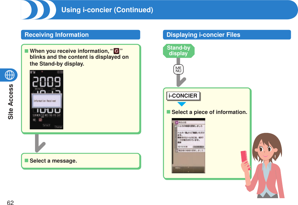 Site Access62Receiving Information Displaying i-concier FilesSelect a message.■When you receive information, “ ” blinks and the content is displayed on the Stand-by display.■i-CONCIER+mSelect a piece of information.■Stand-by displayUsing i-concier (Continued)