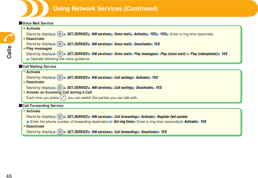 Calls46Using Network Services (Continued)■Voice Mail ServiceActivateStand-by display1+m1SET./SERVICE1+NW services1Voice mail1+Activate1+YES1+YES1Enter a ring time (seconds).DeactivateStand-by display1+m1SET./SERVICE1+NW services1Voice mail1+Deactivate1+YESPlay messagesStand-by display1+m1SET./SERVICE1+NW services1Voice mail1+Play messages1Play (voice mail) or Play (videophone)1+YES 1Operate following the voice guidance.■Call Waiting ServiceActivateStand-by display1+m1SET./SERVICE1+NW services1Call waiting1Activate1+YESDeactivateStand-by display1+m1SET./SERVICE1+NW services1Call waiting1+Deactivate1+YESAnswer an Incoming Call during a CallEach time you press +d, you can switch the parties you can talk with.■Call Forwarding ServiceActivateStand-by display1+m1SET./SERVICE1+NW services1Call forwarding1+Activate1Register fwd number 1Enter the phone number of forwarding destination1Set ring time1Enter a ring time (seconds)1Activate1+YESDeactivateStand-by display1+m1SET./SERVICE1+NW services1Call forwarding1Deactivate1YES・・・・・・・・