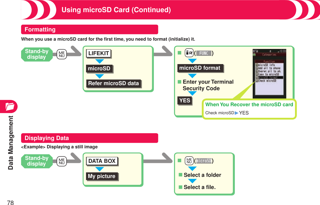 Data Management78+mmicroSDRefer microSD data ++i( )■microSD formatYES When You Recover the microSD cardCheck microSD1YES When you use a microSD card for the ﬁrst time, you need to format (initialize) it.Using microSD Card (Continued)LIFEKITEnter your Terminal Security Code■FormattingDisplaying Data+mDATA BOXMy picture ++m( )■Select a folder■Select a ﬁle.■&lt;Example&gt; Displaying a still imageStand-by displayStand-by display