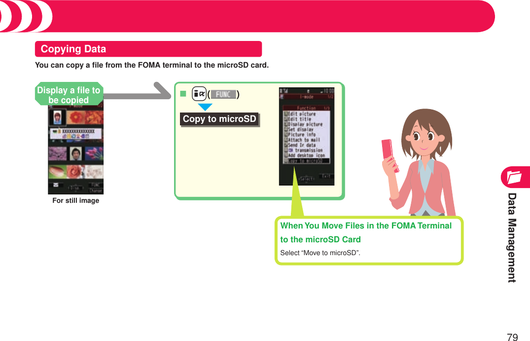 Data Management79Using microSD Card (Continued)Copying Data ++i( )■Copy to microSDWhen You Move Files in the FOMA Terminal to the microSD CardSelect “Move to microSD”.Display a ﬁle to be copiedYou can copy a ﬁle from the FOMA terminal to the microSD card.For still image