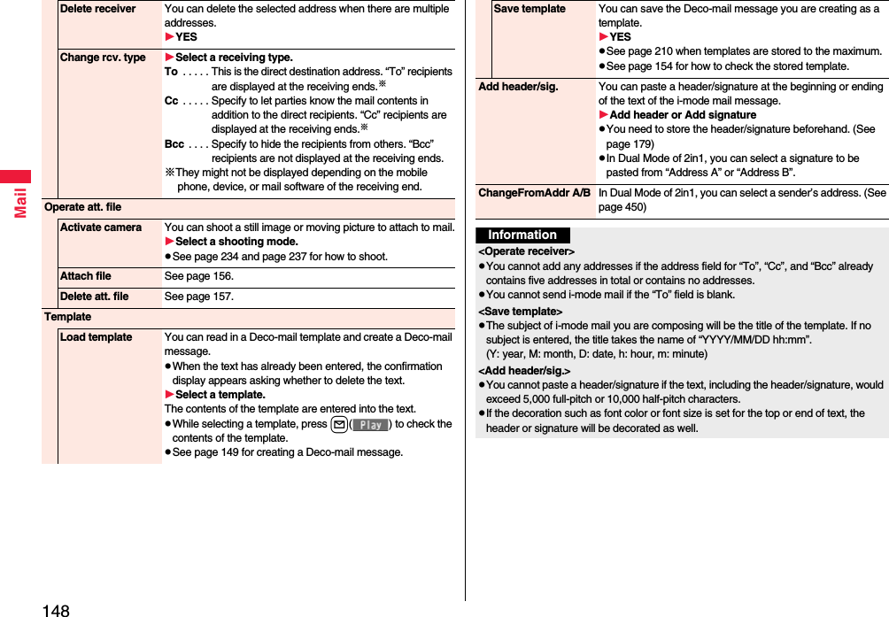148MailDelete receiver You can delete the selected address when there are multiple addresses.YESChange rcv. type Select a receiving type.To  . . . . . This is the direct destination address. “To” recipients are displayed at the receiving ends.※Cc  . . . . . Specify to let parties know the mail contents in addition to the direct recipients. “Cc” recipients are displayed at the receiving ends.※Bcc  . . . . Specify to hide the recipients from others. “Bcc” recipients are not displayed at the receiving ends.※They might not be displayed depending on the mobile phone, device, or mail software of the receiving end.Operate att. fileActivate camera You can shoot a still image or moving picture to attach to mail.Select a shooting mode.pSee page 234 and page 237 for how to shoot.Attach file See page 156.Delete att. file See page 157.TemplateLoad template You can read in a Deco-mail template and create a Deco-mail message.pWhen the text has already been entered, the confirmation display appears asking whether to delete the text.Select a template.The contents of the template are entered into the text.pWhile selecting a template, press l( ) to check the contents of the template.pSee page 149 for creating a Deco-mail message.Save template You can save the Deco-mail message you are creating as a template.YESpSee page 210 when templates are stored to the maximum.pSee page 154 for how to check the stored template.Add header/sig. You can paste a header/signature at the beginning or ending of the text of the i-mode mail message.Add header or Add signaturepYou need to store the header/signature beforehand. (See page 179)pIn Dual Mode of 2in1, you can select a signature to be pasted from “Address A” or “Address B”.ChangeFromAddr A/B In Dual Mode of 2in1, you can select a sender’s address. (See page 450)Information&lt;Operate receiver&gt;pYou cannot add any addresses if the address field for “To”, “Cc”, and “Bcc” already contains five addresses in total or contains no addresses.pYou cannot send i-mode mail if the “To” field is blank.&lt;Save template&gt;pThe subject of i-mode mail you are composing will be the title of the template. If no subject is entered, the title takes the name of “YYYY/MM/DD hh:mm”.(Y: year, M: month, D: date, h: hour, m: minute)&lt;Add header/sig.&gt;pYou cannot paste a header/signature if the text, including the header/signature, would exceed 5,000 full-pitch or 10,000 half-pitch characters.pIf the decoration such as font color or font size is set for the top or end of text, the header or signature will be decorated as well.