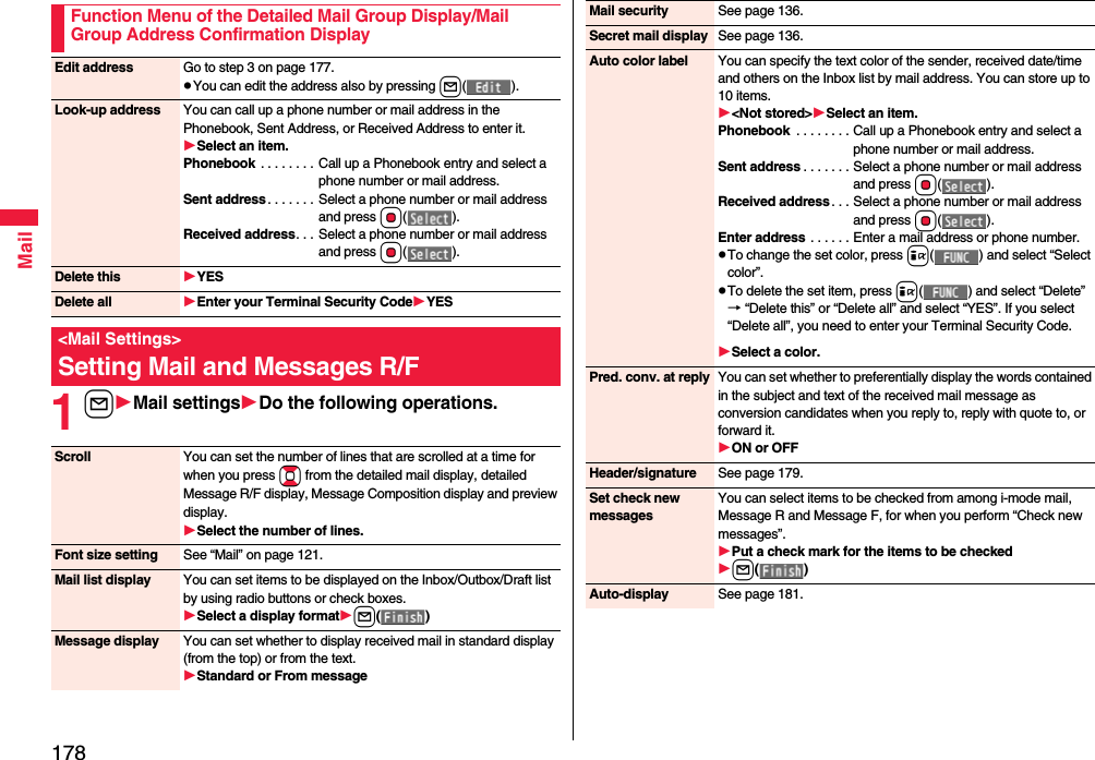 178Mail1lMail settingsDo the following operations.Function Menu of the Detailed Mail Group Display/Mail Group Address Confirmation DisplayEdit address Go to step 3 on page 177.pYou can edit the address also by pressing l().Look-up address You can call up a phone number or mail address in the Phonebook, Sent Address, or Received Address to enter it.Select an item.Phonebook  . . . . . . . . Call up a Phonebook entry and select a phone number or mail address.Sent address . . . . . . . Select a phone number or mail address and press Oo().Received address. . .  Select a phone number or mail address and press Oo().Delete this YESDelete all Enter your Terminal Security CodeYES&lt;Mail Settings&gt;Setting Mail and Messages R/FScroll You can set the number of lines that are scrolled at a time for when you press Bo from the detailed mail display, detailed Message R/F display, Message Composition display and preview display.Select the number of lines.Font size setting See “Mail” on page 121.Mail list display You can set items to be displayed on the Inbox/Outbox/Draft list by using radio buttons or check boxes.Select a display formatl()Message display You can set whether to display received mail in standard display (from the top) or from the text.Standard or From messageMail security See page 136.Secret mail display See page 136.Auto color label You can specify the text color of the sender, received date/time and others on the Inbox list by mail address. You can store up to 10 items.&lt;Not stored&gt;Select an item.Phonebook  . . . . . . . . Call up a Phonebook entry and select a phone number or mail address.Sent address . . . . . . . Select a phone number or mail address and press Oo().Received address . . . Select a phone number or mail address and press Oo().Enter address . . . . . . Enter a mail address or phone number.pTo change the set color, press i( ) and select “Select color”.pTo delete the set item, press i( ) and select “Delete”→ “Delete this” or “Delete all” and select “YES”. If you select “Delete all”, you need to enter your Terminal Security Code.Select a color.Pred. conv. at reply You can set whether to preferentially display the words contained in the subject and text of the received mail message as conversion candidates when you reply to, reply with quote to, or forward it.ON or OFFHeader/signature See page 179.Set check new messagesYou can select items to be checked from among i-mode mail, Message R and Message F, for when you perform “Check new messages”.Put a check mark for the items to be checkedl()Auto-display See page 181.