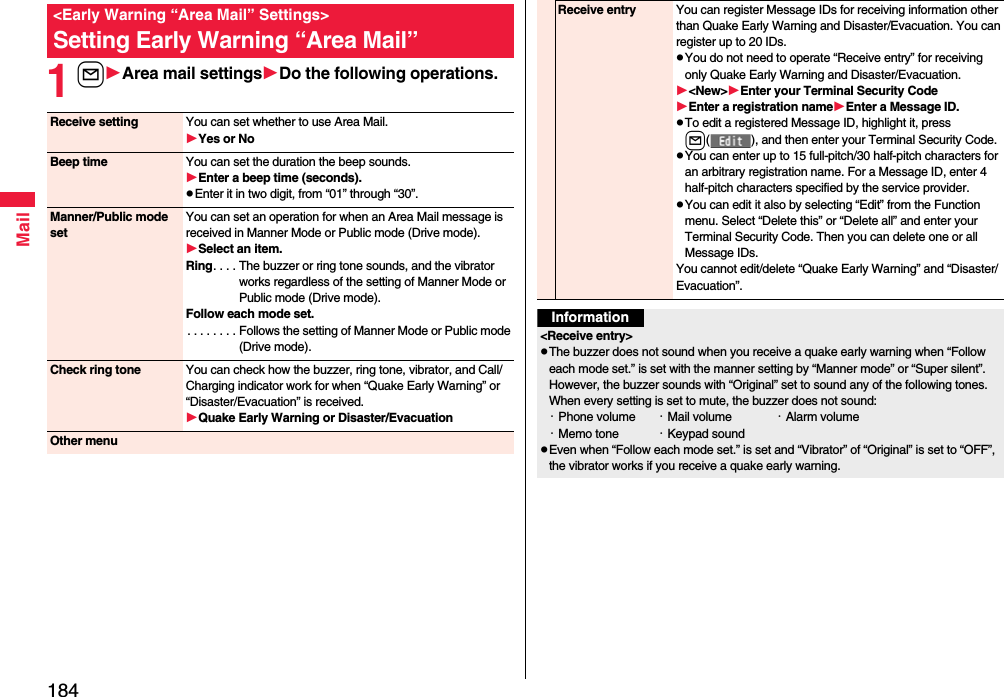 184Mail1lArea mail settingsDo the following operations.&lt;Early Warning “Area Mail” Settings&gt;Setting Early Warning “Area Mail”Receive setting You can set whether to use Area Mail.Yes or NoBeep time You can set the duration the beep sounds.Enter a beep time (seconds).pEnter it in two digit, from “01” through “30”.Manner/Public mode setYou can set an operation for when an Area Mail message is received in Manner Mode or Public mode (Drive mode).Select an item.Ring. . . . The buzzer or ring tone sounds, and the vibrator works regardless of the setting of Manner Mode or Public mode (Drive mode).Follow each mode set.. . . . . . . . Follows the setting of Manner Mode or Public mode (Drive mode).Check ring tone You can check how the buzzer, ring tone, vibrator, and Call/Charging indicator work for when “Quake Early Warning” or “Disaster/Evacuation” is received.Quake Early Warning or Disaster/EvacuationOther menuReceive entry You can register Message IDs for receiving information other than Quake Early Warning and Disaster/Evacuation. You can register up to 20 IDs.pYou do not need to operate “Receive entry” for receiving only Quake Early Warning and Disaster/Evacuation.&lt;New&gt;Enter your Terminal Security CodeEnter a registration nameEnter a Message ID.pTo edit a registered Message ID, highlight it, press l( ), and then enter your Terminal Security Code.pYou can enter up to 15 full-pitch/30 half-pitch characters for an arbitrary registration name. For a Message ID, enter 4 half-pitch characters specified by the service provider.pYou can edit it also by selecting “Edit” from the Function menu. Select “Delete this” or “Delete all” and enter your Terminal Security Code. Then you can delete one or all Message IDs.You cannot edit/delete “Quake Early Warning” and “Disaster/Evacuation”.Information&lt;Receive entry&gt;pThe buzzer does not sound when you receive a quake early warning when “Follow each mode set.” is set with the manner setting by “Manner mode” or “Super silent”. However, the buzzer sounds with “Original” set to sound any of the following tones. When every setting is set to mute, the buzzer does not sound:・Phone volume ・Mail volume ・Alarm volume・Memo tone ・Keypad soundpEven when “Follow each mode set.” is set and “Vibrator” of “Original” is set to “OFF”, the vibrator works if you receive a quake early warning.