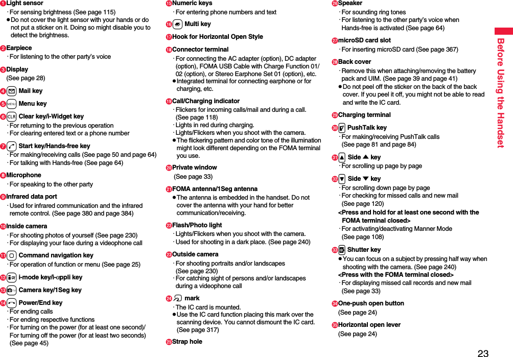 23Before Using the HandsetLight sensor・For sensing brightness (See page 115)pDo not cover the light sensor with your hands or do not put a sticker on it. Doing so might disable you to detect the brightness. Earpiece・For listening to the other party’s voiceDisplay(See page 28)l Mail keym Menu keyr Clear key/i-Widget key・For returning to the previous operation・For clearing entered text or a phone numberd Start key/Hands-free key・For making/receiving calls (See page 50 and page 64)・For talking with Hands-free (See page 64)Microphone・For speaking to the other partyInfrared data port・Used for infrared communication and the infrared remote control. (See page 380 and page 384)Inside camera・For shooting photos of yourself (See page 230)・For displaying your face during a videophone callo Command navigation key・For operation of function or menu (See page 25)i i-mode key/i-αppli keyc Camera key/1Seg keyh Power/End key・For ending calls・For ending respective functions・For turning on the power (for at least one second)/For turning off the power (for at least two seconds) (See page 45)Numeric keys・For entering phone numbers and textx Multi keyHook for Horizontal Open StyleConnector terminal・For connecting the AC adapter (option), DC adapter (option), FOMA USB Cable with Charge Function 01/02 (option), or Stereo Earphone Set 01 (option), etc.pIntegrated terminal for connecting earphone or for charging, etc.Call/Charging indicator・Flickers for incoming calls/mail and during a call. (See page 118)・Lights in red during charging.・Lights/Flickers when you shoot with the camera.pThe flickering pattern and color tone of the illumination might look different depending on the FOMA terminal you use.Private window (See page 33)FOMA antenna/1Seg antennapThe antenna is embedded in the handset. Do not cover the antenna with your hand for better communication/receiving.Flash/Photo light・Lights/Flickers when you shoot with the camera.・Used for shooting in a dark place. (See page 240)Outside camera・For shooting portraits and/or landscapes (See page 230)・For catching sight of persons and/or landscapes during a videophone callf mark・The IC card is mounted.pUse the IC card function placing this mark over the scanning device. You cannot dismount the IC card. (See page 317)Strap holeSpeaker・For sounding ring tones・For listening to the other party’s voice when Hands-free is activated (See page 64) microSD card slot・For inserting microSD card (See page 367)!Back cover・Remove this when attaching/removing the battery pack and UIM. (See page 39 and page 41)pDo not peel off the sticker on the back of the back cover. If you peel it off, you might not be able to read and write the IC card.&quot;Charging terminal#p PushTalk key・For making/receiving PushTalk calls (See page 81 and page 84)$&lt; Side ▲ key・For scrolling up page by page%&gt; Side ▼ key・For scrolling down page by page・For checking for missed calls and new mail (See page 120)&lt;Press and hold for at least one second with the FOMA terminal closed&gt;・For activating/deactivating Manner Mode (See page 108)&amp;v Shutter keypYou can focus on a subject by pressing half way when shooting with the camera. (See page 240)&lt;Press with the FOMA terminal closed&gt;・For displaying missed call records and new mail(See page 33)&apos;One-push open button(See page 24)(Horizontal open lever(See page 24)