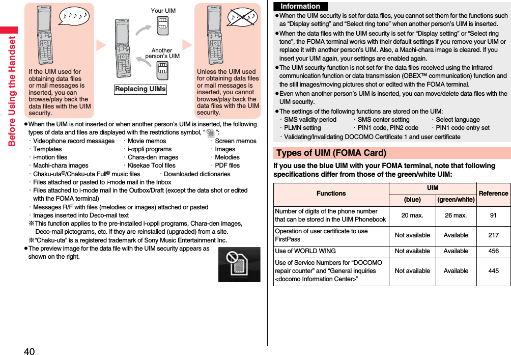 40Before Using the HandsetpWhen the UIM is not inserted or when another person’s UIM is inserted, the following types of data and files are displayed with the restrictions symbol, “ ”:・Videophone record messages ・Movie memos ・Screen memos・Templates ・i-αppli programs ・Images・i-motion files ・Chara-den images ・Melodies・Machi-chara images ・Kisekae Tool files ・PDF files・Chaku-uta®/Chaku-uta Full® music files ・Downloaded dictionaries・Files attached or pasted to i-mode mail in the Inbox・Files attached to i-mode mail in the Outbox/Draft (except the data shot or edited with the FOMA terminal)・Messages R/F with files (melodies or images) attached or pasted・Images inserted into Deco-mail text※This function applies to the pre-installed i-αppli programs, Chara-den images, Deco-mail pictograms, etc. if they are reinstalled (upgraded) from a site.※“Chaku-uta” is a registered trademark of Sony Music Entertainment Inc.pThe preview image for the data file with the UIM security appears as shown on the right.♪ ♪ ♪ ♪ ♪ If the UIM used for obtaining data files or mail messages is inserted, you can browse/play back the data files with the UIM security.♪ ♪ ♪ ♪ ♪ Unless the UIM used for obtaining data files or mail messages is inserted, you cannot browse/play back the data files with the UIM security.Your UIMAnother person’s UIMReplacing UIMsIf you use the blue UIM with your FOMA terminal, note that following specifications differ from those of the green/white UIM:InformationpWhen the UIM security is set for data files, you cannot set them for the functions such as “Display setting” and “Select ring tone” when another person’s UIM is inserted.pWhen the data files with the UIM security is set for “Display setting” or “Select ring tone”, the FOMA terminal works with their default settings if you remove your UIM or replace it with another person’s UIM. Also, a Machi-chara image is cleared. If you insert your UIM again, your settings are enabled again.pThe UIM security function is not set for the data files received using the infrared communication function or data transmission (OBEX™ communication) function and the still images/moving pictures shot or edited with the FOMA terminal.pEven when another person’s UIM is inserted, you can move/delete data files with the UIM security.pThe settings of the following functions are stored on the UIM:・SMS validity period ・SMS center setting ・Select language・PLMN setting ・PIN1 code, PIN2 code ・PIN1 code entry set・Validating/Invalidating DOCOMO Certificate 1 and user certificateTypes of UIM (FOMA Card)Functions UIM Reference(blue)(green/white)Number of digits of the phone number that can be stored in the UIM Phonebook 20 max. 26 max. 91Operation of user certificate to use FirstPass Not available Available 217Use of WORLD WING Not available Available 456Use of Service Numbers for “DOCOMO repair counter” and “General inquiries &lt;docomo Information Center&gt;”Not available Available 445