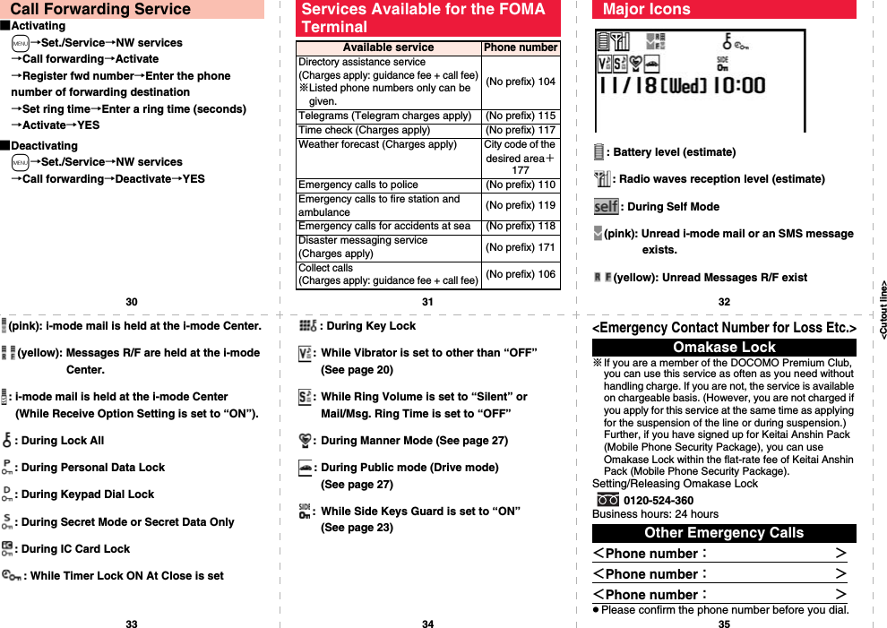 &lt;Cutout line&gt;30 31 3233 34 35■Activatingm→Set./Service→NW services→Call forwarding→Activate→Register fwd number→Enter the phone number of forwarding destination→Set ring time→Enter a ring time (seconds)→Activate→YES■Deactivatingm→Set./Service→NW services→Call forwarding→Deactivate→YESCall Forwarding Service Services Available for the FOMA TerminalAvailable servicePhone numberDirectory assistance service (Charges apply: guidance fee + call fee)※Listed phone numbers only can be given.(No prefix) 104Telegrams (Telegram charges apply) (No prefix) 115Time check (Charges apply) (No prefix) 117Weather forecast (Charges apply) City code of the desired area＋177Emergency calls to police (No prefix) 110Emergency calls to fire station and ambulance (No prefix) 119Emergency calls for accidents at sea (No prefix) 118Disaster messaging service (Charges apply) (No prefix) 171Collect calls (Charges apply: guidance fee + call fee)(No prefix) 106: Battery level (estimate): Radio waves reception level (estimate): During Self Mode(pink): Unread i-mode mail or an SMS message exists.(yellow): Unread Messages R/F existMajor Icons(pink): i-mode mail is held at the i-mode Center.(yellow): Messages R/F are held at the i-mode Center.: i-mode mail is held at the i-mode Center (While Receive Option Setting is set to “ON”).: During Lock All: During Personal Data Lock: During Keypad Dial Lock: During Secret Mode or Secret Data Only: During IC Card Lock: While Timer Lock ON At Close is set: During Key Lock: While Vibrator is set to other than “OFF” (See page 20): While Ring Volume is set to “Silent” or Mail/Msg. Ring Time is set to “OFF”: During Manner Mode (See page 27): During Public mode (Drive mode) (See page 27): While Side Keys Guard is set to “ON” (See page 23)&lt;Emergency Contact Number for Loss Etc.&gt;※If you are a member of the DOCOMO Premium Club, you can use this service as often as you need without handling charge. If you are not, the service is available on chargeable basis. (However, you are not charged if you apply for this service at the same time as applying for the suspension of the line or during suspension.) Further, if you have signed up for Keitai Anshin Pack (Mobile Phone Security Package), you can use Omakase Lock within the flat-rate fee of Keitai Anshin Pack (Mobile Phone Security Package).Setting/Releasing Omakase Lock0120-524-360Business hours: 24 hours＜Phone number：              ＞＜Phone number：              ＞＜Phone number：              ＞pPlease confirm the phone number before you dial.Omakase LockOther Emergency Calls