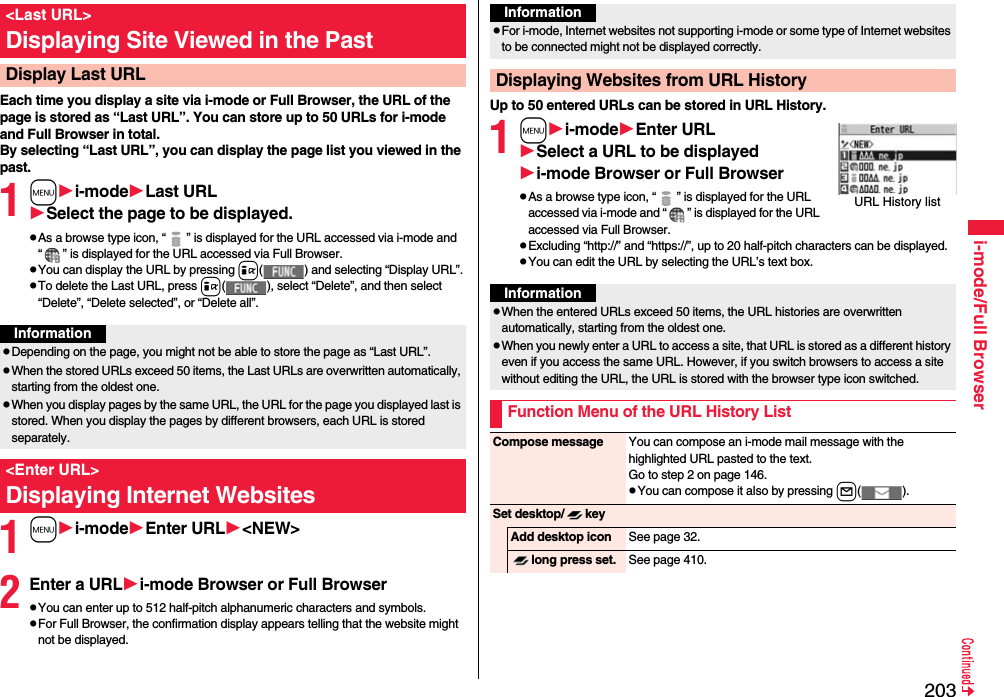 203i-mode/Full BrowserEach time you display a site via i-mode or Full Browser, the URL of the page is stored as “Last URL”. You can store up to 50 URLs for i-mode and Full Browser in total.By selecting “Last URL”, you can display the page list you viewed in the past.1mi-modeLast URLSelect the page to be displayed.pAs a browse type icon, “ ” is displayed for the URL accessed via i-mode and “ ” is displayed for the URL accessed via Full Browser.pYou can display the URL by pressing i( ) and selecting “Display URL”.pTo delete the Last URL, press i( ), select “Delete”, and then select “Delete”, “Delete selected”, or “Delete all”.1mi-modeEnter URL&lt;NEW&gt;2Enter a URLi-mode Browser or Full BrowserpYou can enter up to 512 half-pitch alphanumeric characters and symbols.pFor Full Browser, the confirmation display appears telling that the website might not be displayed.&lt;Last URL&gt;Displaying Site Viewed in the PastDisplay Last URLInformationpDepending on the page, you might not be able to store the page as “Last URL”.pWhen the stored URLs exceed 50 items, the Last URLs are overwritten automatically, starting from the oldest one.pWhen you display pages by the same URL, the URL for the page you displayed last is stored. When you display the pages by different browsers, each URL is stored separately.&lt;Enter URL&gt;Displaying Internet WebsitesUp to 50 entered URLs can be stored in URL History.1mi-modeEnter URLSelect a URL to be displayedi-mode Browser or Full BrowserpAs a browse type icon, “ ” is displayed for the URL accessed via i-mode and “ ” is displayed for the URL accessed via Full Browser.pExcluding “http://” and “https://”, up to 20 half-pitch characters can be displayed.pYou can edit the URL by selecting the URL’s text box.InformationpFor i-mode, Internet websites not supporting i-mode or some type of Internet websites to be connected might not be displayed correctly.Displaying Websites from URL HistoryURL History listInformationpWhen the entered URLs exceed 50 items, the URL histories are overwritten automatically, starting from the oldest one.pWhen you newly enter a URL to access a site, that URL is stored as a different history even if you access the same URL. However, if you switch browsers to access a site without editing the URL, the URL is stored with the browser type icon switched.Function Menu of the URL History ListCompose message You can compose an i-mode mail message with the highlighted URL pasted to the text.Go to step 2 on page 146.pYou can compose it also by pressing l().Set desktop/ keyAdd desktop icon See page 32.long press set. See page 410.