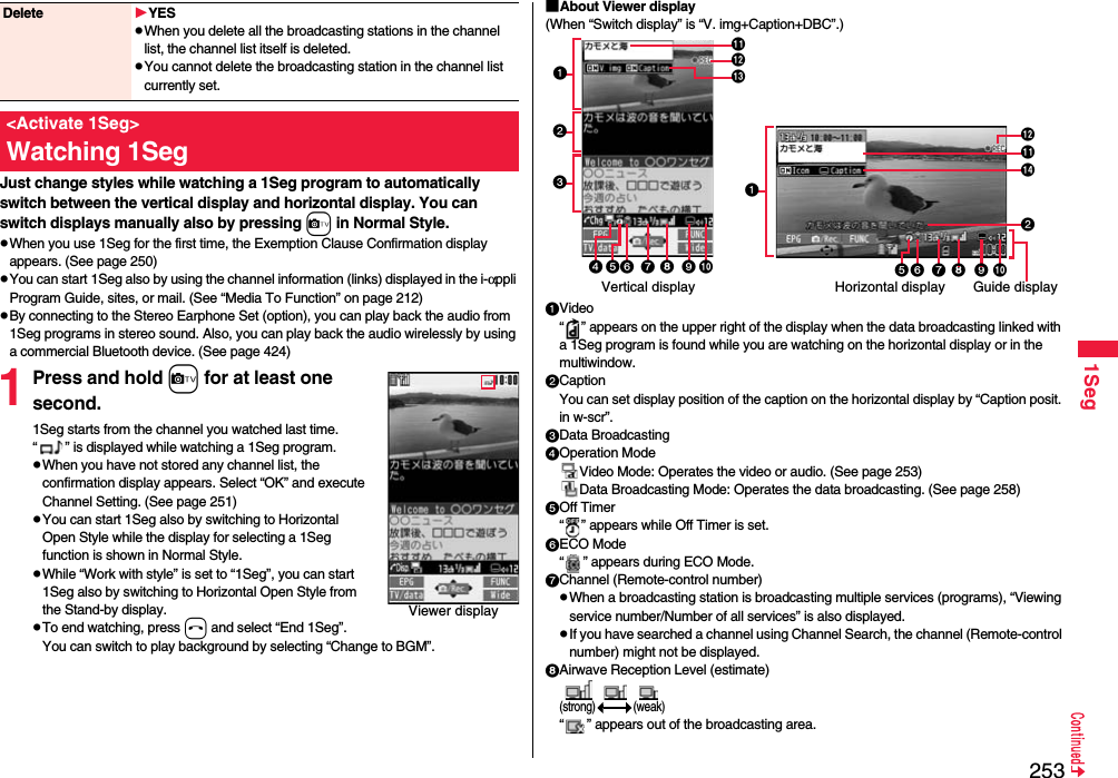 2531SegJust change styles while watching a 1Seg program to automatically switch between the vertical display and horizontal display. You can switch displays manually also by pressing c in Normal Style.pWhen you use 1Seg for the first time, the Exemption Clause Confirmation display appears. (See page 250)pYou can start 1Seg also by using the channel information (links) displayed in the i-αppli Program Guide, sites, or mail. (See “Media To Function” on page 212)pBy connecting to the Stereo Earphone Set (option), you can play back the audio from 1Seg programs in stereo sound. Also, you can play back the audio wirelessly by using a commercial Bluetooth device. (See page 424)1Press and hold c for at least one second.1Seg starts from the channel you watched last time. “ ” is displayed while watching a 1Seg program.pWhen you have not stored any channel list, the confirmation display appears. Select “OK” and execute Channel Setting. (See page 251)pYou can start 1Seg also by switching to Horizontal Open Style while the display for selecting a 1Seg function is shown in Normal Style.pWhile “Work with style” is set to “1Seg”, you can start 1Seg also by switching to Horizontal Open Style from the Stand-by display.pTo end watching, press h and select “End 1Seg”. You can switch to play background by selecting “Change to BGM”.Delete YESpWhen you delete all the broadcasting stations in the channel list, the channel list itself is deleted. pYou cannot delete the broadcasting station in the channel list currently set.&lt;Activate 1Seg&gt;Watching 1SegViewer display■About Viewer display(When “Switch display” is “V. img+Caption+DBC”.)Video“ ” appears on the upper right of the display when the data broadcasting linked with a 1Seg program is found while you are watching on the horizontal display or in the multiwindow.CaptionYou can set display position of the caption on the horizontal display by “Caption posit. in w-scr”.Data BroadcastingOperation ModeVideo Mode: Operates the video or audio. (See page 253)Data Broadcasting Mode: Operates the data broadcasting. (See page 258)Off Timer“ ” appears while Off Timer is set.ECO Mode“ ” appears during ECO Mode.Channel (Remote-control number)pWhen a broadcasting station is broadcasting multiple services (programs), “Viewing service number/Number of all services” is also displayed.pIf you have searched a channel using Channel Search, the channel (Remote-control number) might not be displayed.Airwave Reception Level (estimate)       (strong) (weak)“ ” appears out of the broadcasting area.Guide displayHorizontal displayVertical display   